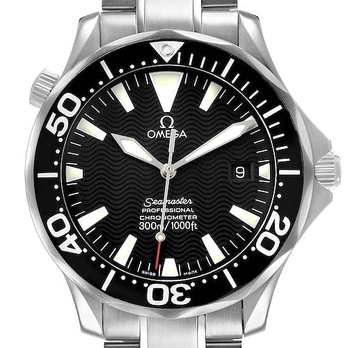 The Omega Seamaster 2254.50.00 Men's Stainless Steel Black Dial watch is shown from a direct front angle, highlighting the dial, bezel, hands, and part of the bracelet.