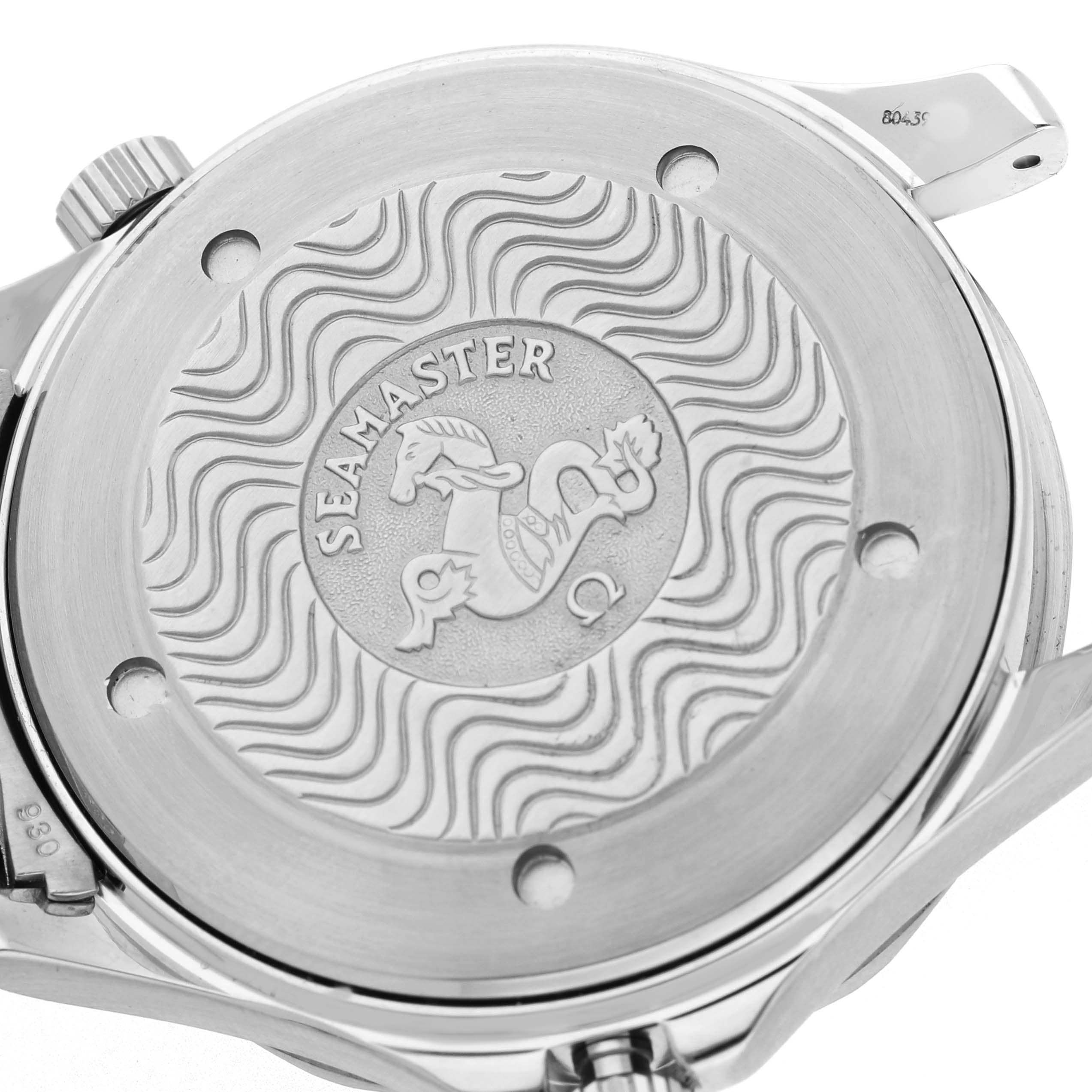 The image shows the case back of the Omega Seamaster 2254.50.00 Men's Stainless Steel Black Dial watch, highlighting its engraved design.