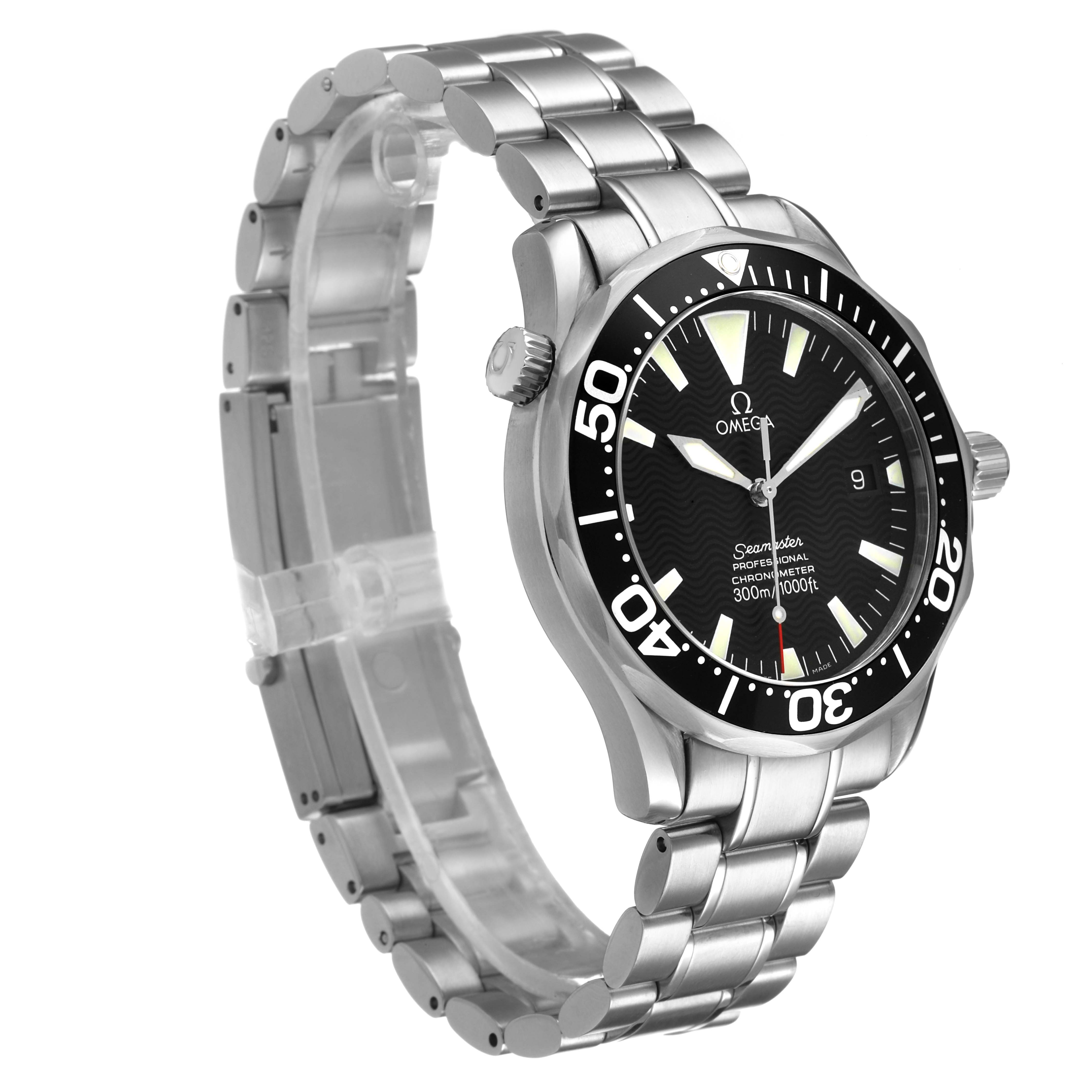 The Omega Seamaster 2254.50.00 Men's Stainless Steel Black Dial watch is shown at a three-quarter angle, highlighting the dial, bezel, and bracelet.