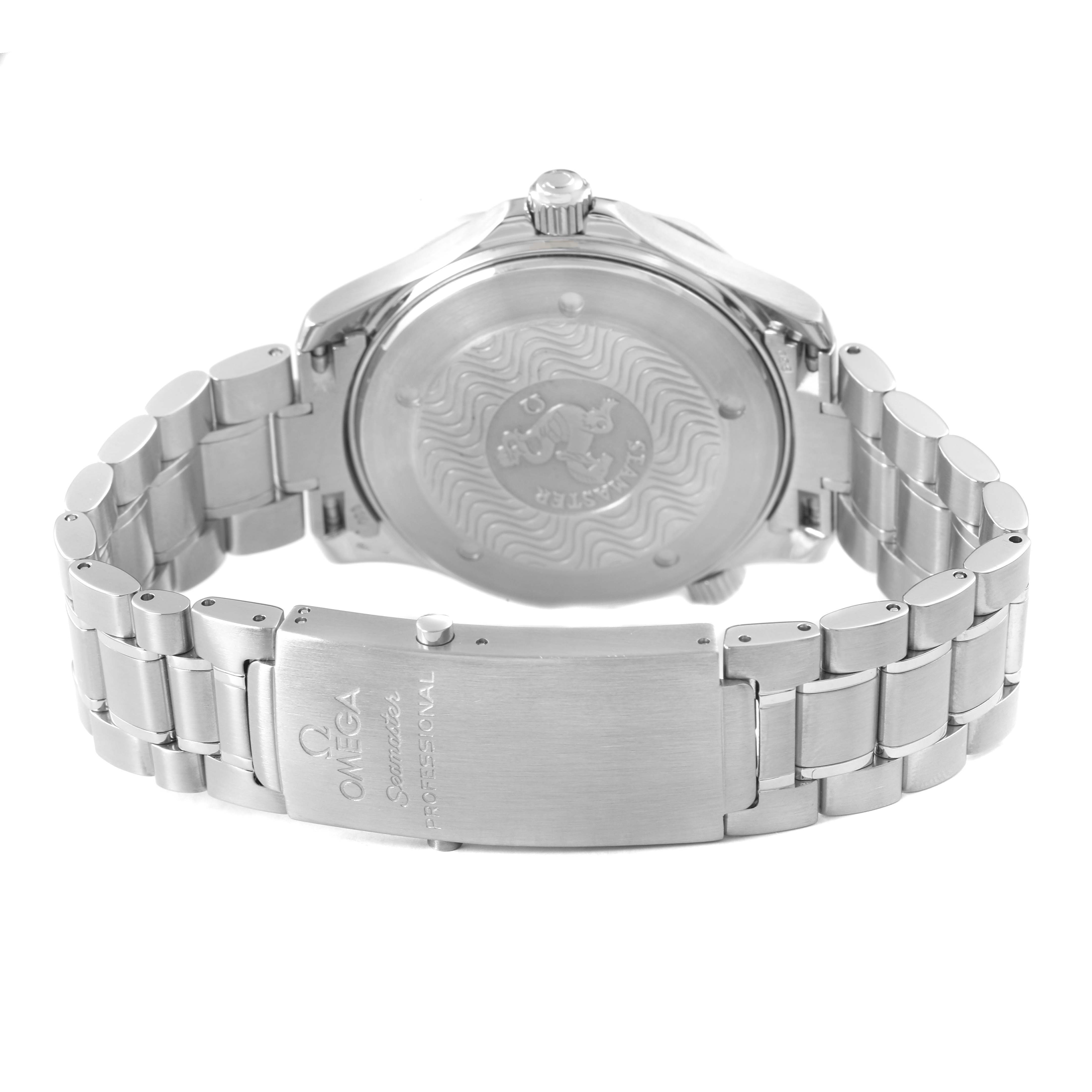 The Omega Seamaster 2254.50.00 Men's Stainless Steel Black Dial watch is shown from the back, highlighting the engraved case back and metal bracelet with clasp.