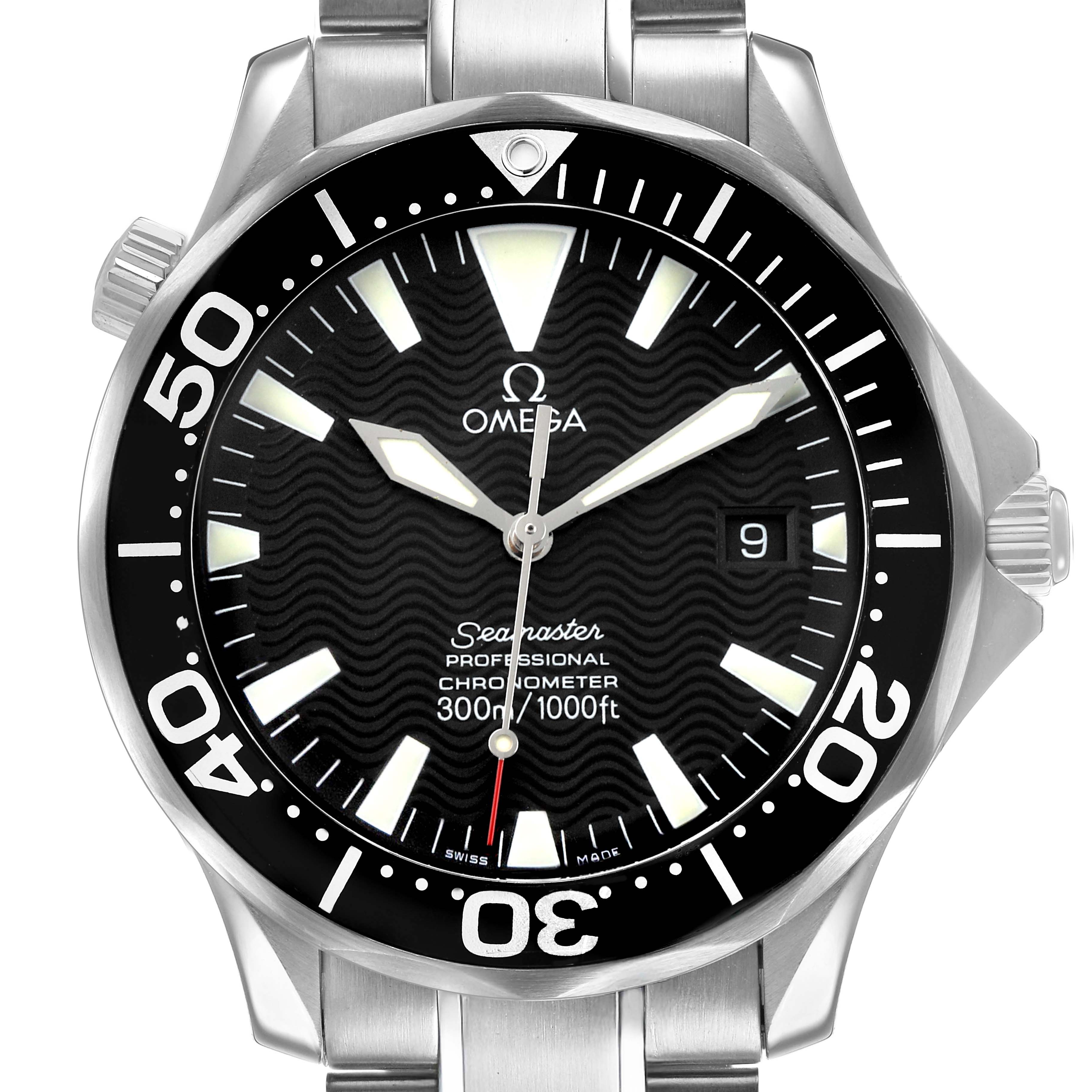 The image shows a front view of the Omega Seamaster 2254.50.00 Men's Stainless Steel Black Dial watch, highlighting the dial, bezel, and part of the bracelet.
