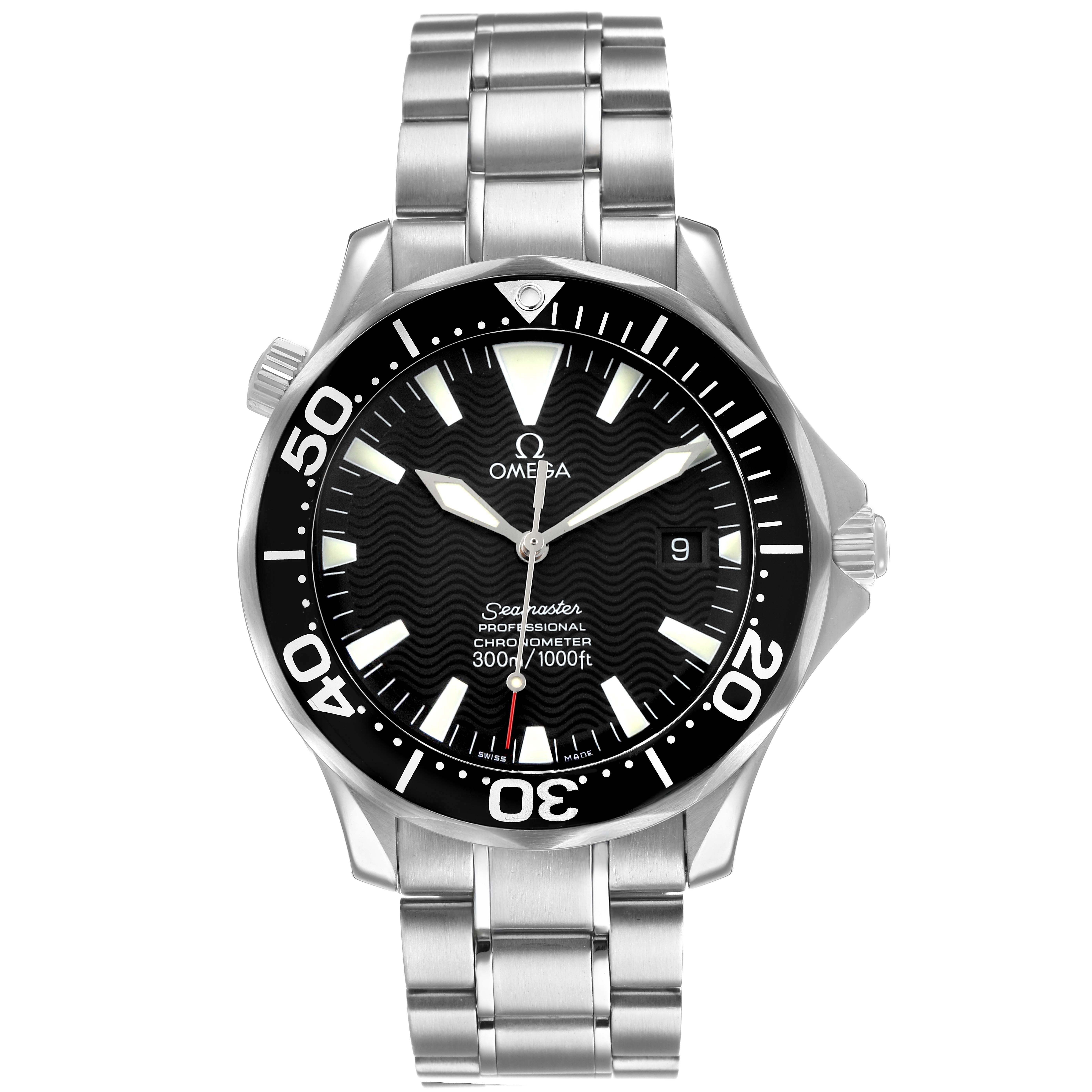 The Omega Seamaster 2254.50.00 Men's Stainless Steel Black Dial watch is shown from the front, highlighting the dial, bezel, case, and bracelet.