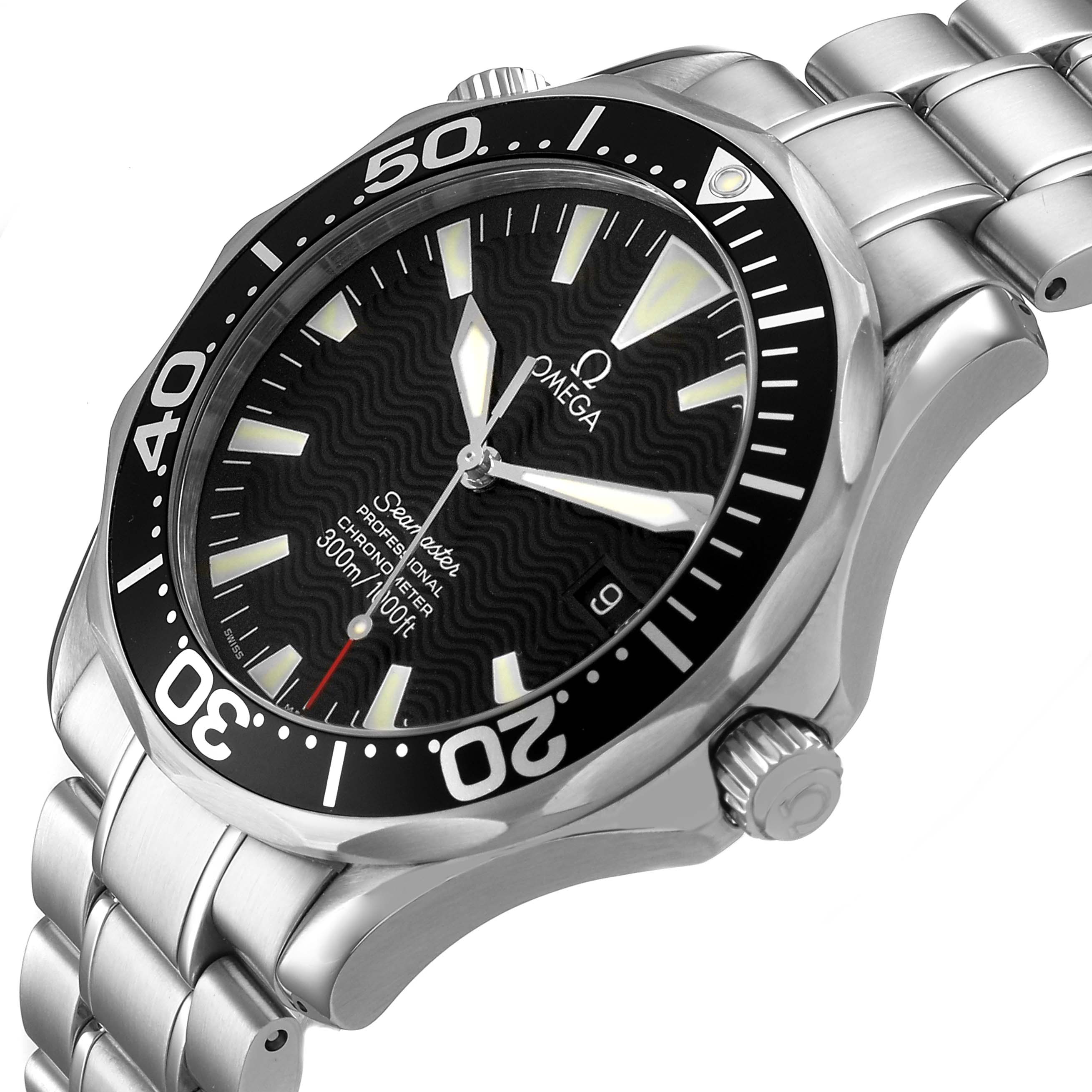 The Omega Seamaster 2254.50.00 Men's Stainless Steel Black Dial watch is shown at an angle highlighting the face, bezel, bracelet, and crown.