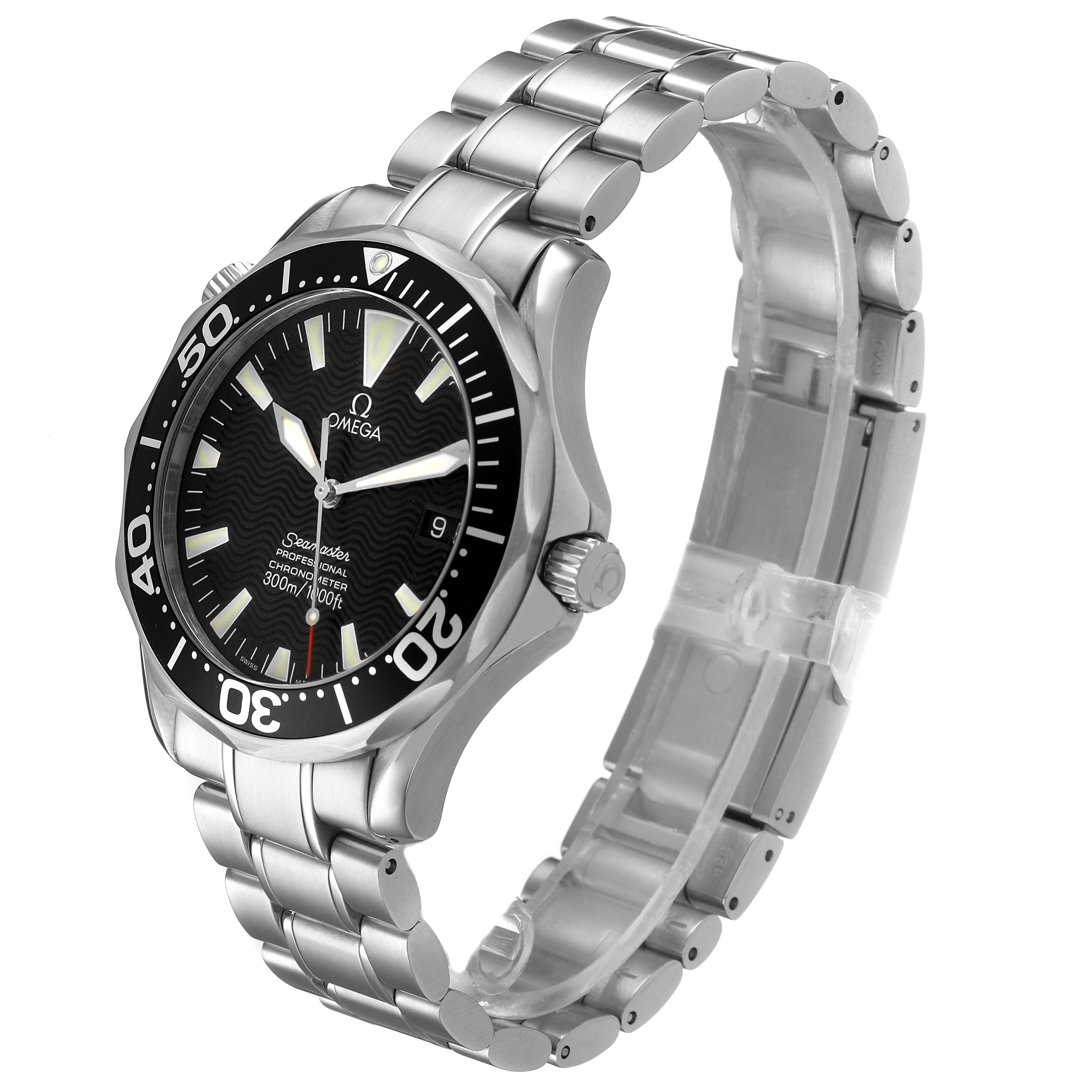 The Omega Seamaster 2254.50.00 Men's Stainless Steel Black Dial watch is shown at a three-quarter angle, displaying the face, bezel, and bracelet.