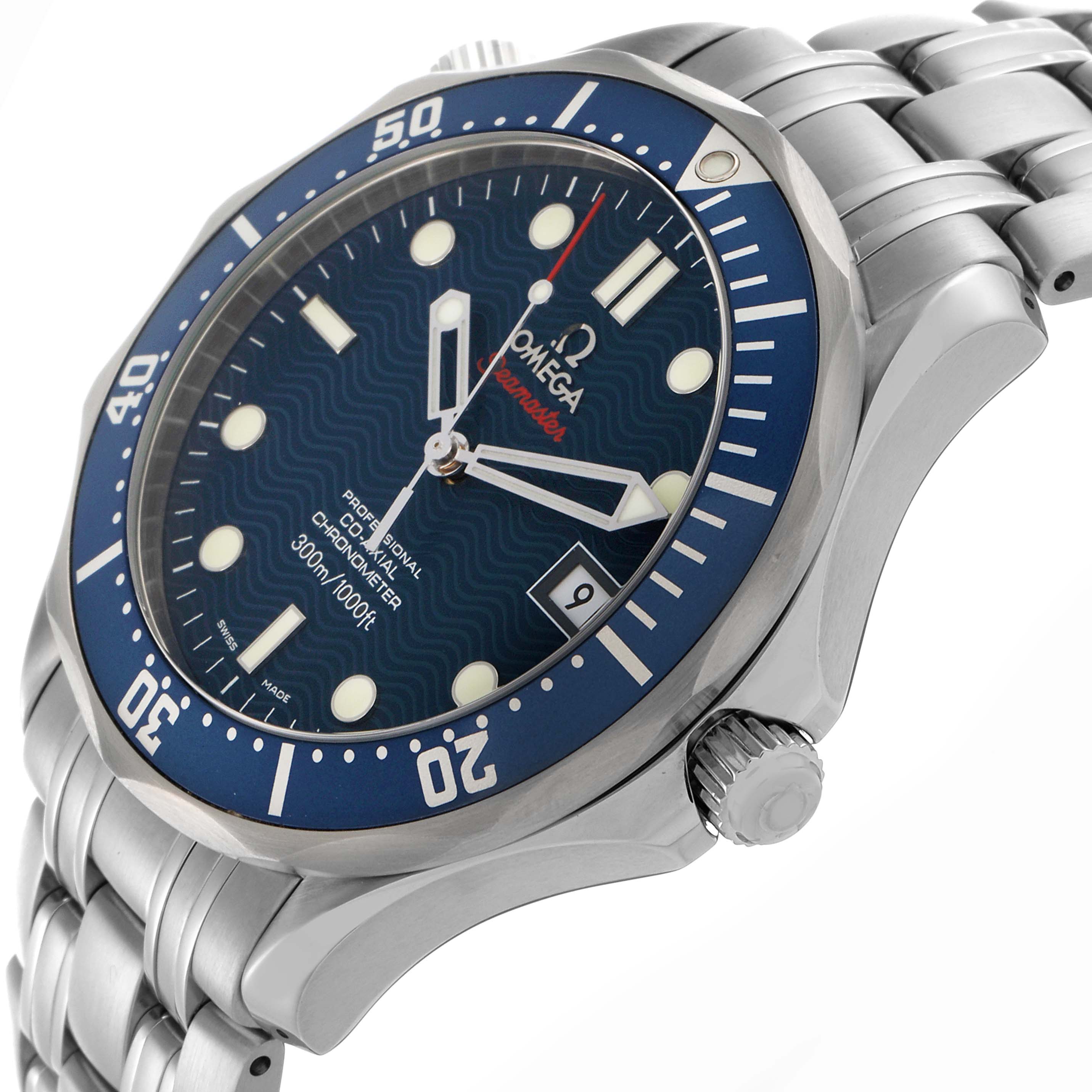 The Omega Seamaster 2220.80.00 Men's Stainless Steel Blue Dial 2220.80.00 Men's Stainless Steel Blue Dial watch is shown at an angled close-up, highlighting its dial, bezel, crown, and part of the bracelet.