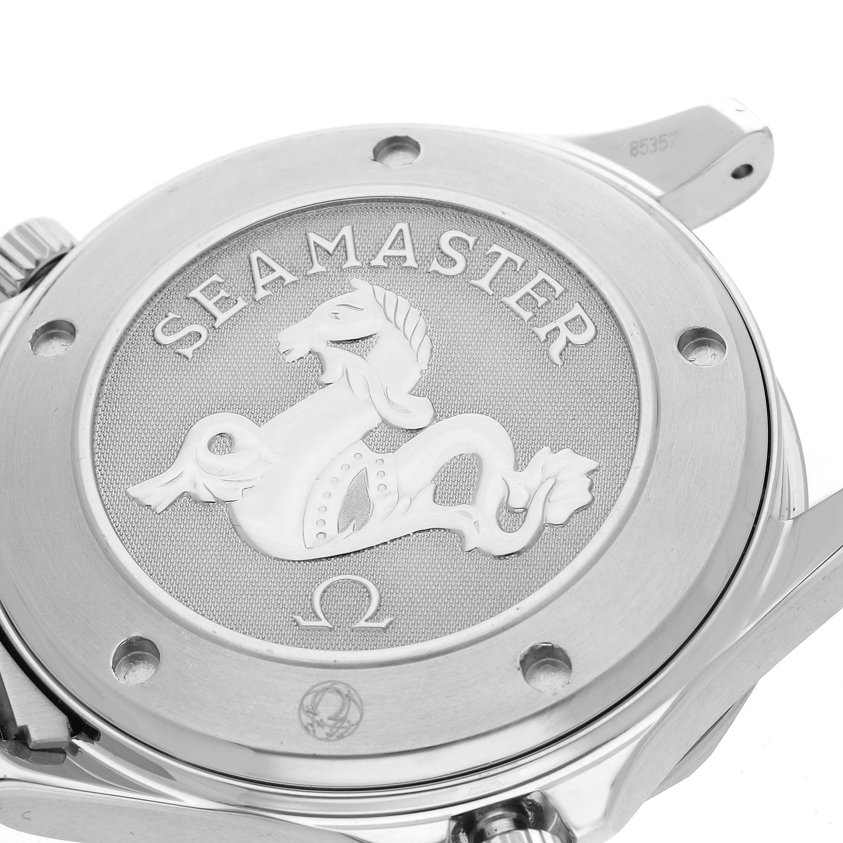 The image shows the back case of the Omega Seamaster 2220.80.00 Men's Stainless Steel Blue Dial 2220.80.00 Men's Stainless Steel Blue Dial watch, highlighting its engraved logo and case details from an oblique angle.