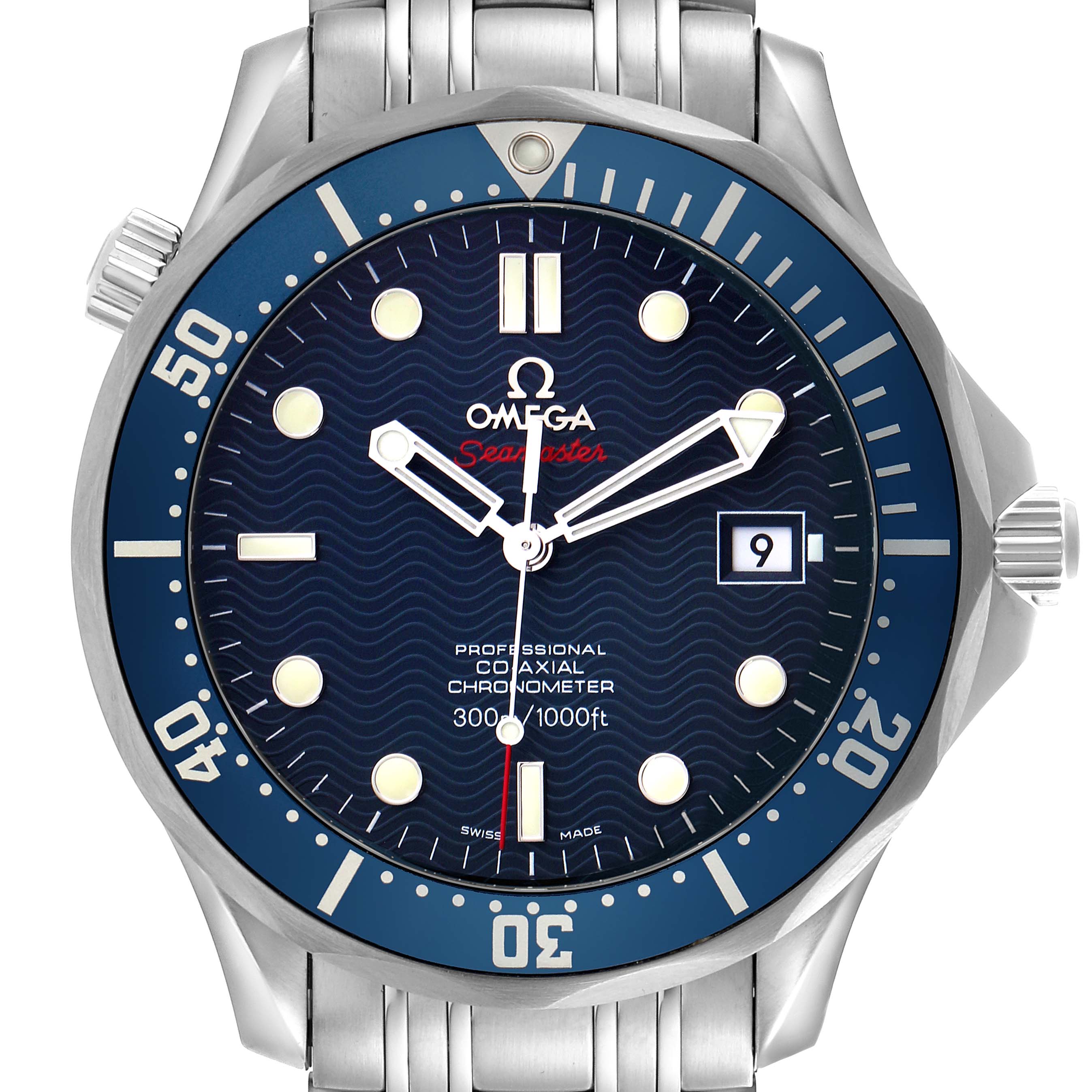 The Omega Seamaster 2220.80.00 Men's Stainless Steel Blue Dial 2220.80.00 Men's Stainless Steel Blue Dial watch is shown from the front, displaying the dial, bezel, hands, date window, and part of the bracelet.