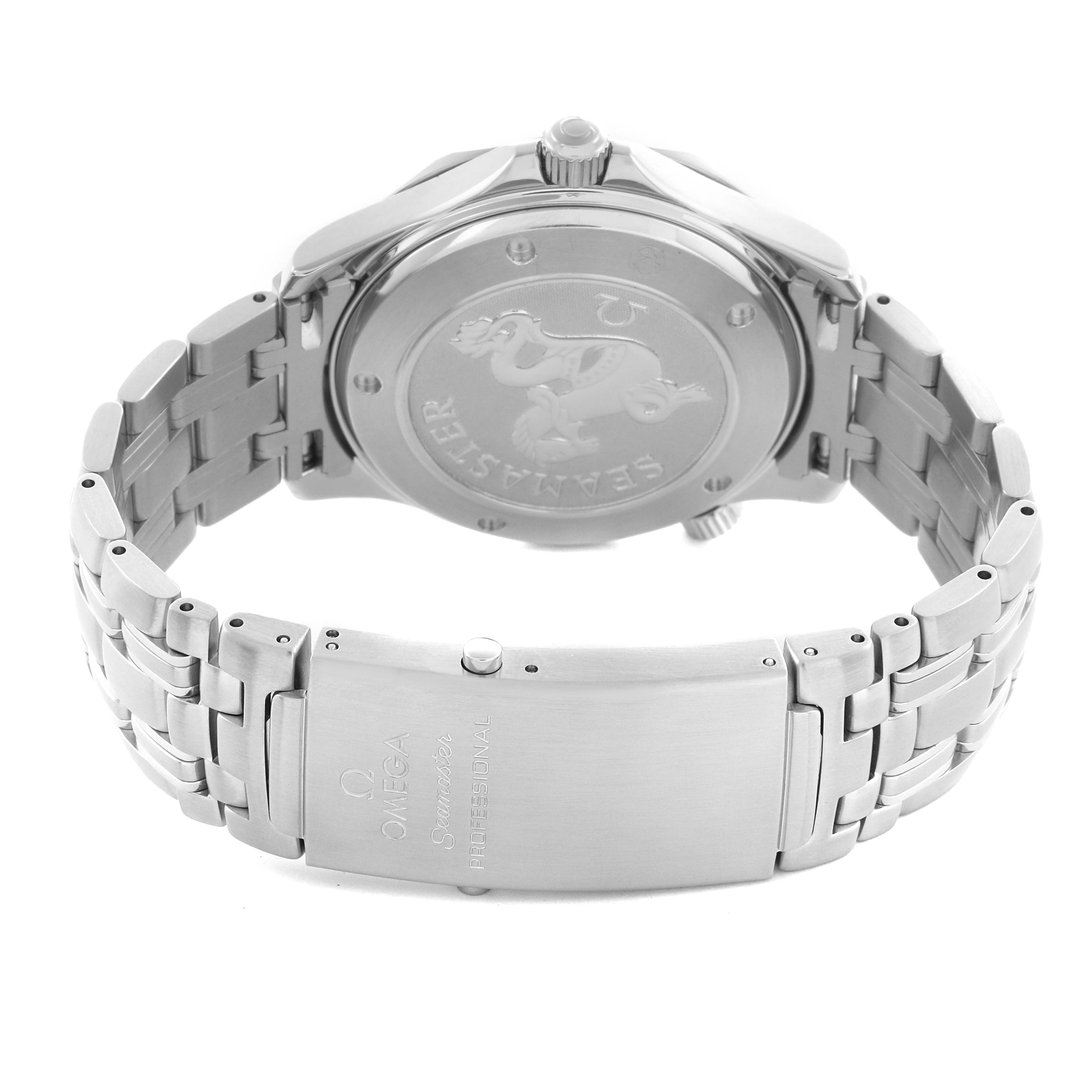 The image shows the back case and bracelet clasp of an Omega Seamaster 2220.80.00 Men's Stainless Steel Blue Dial 2220.80.00 Men's Stainless Steel Blue Dial watch, highlighting the engraved design and brand logo.