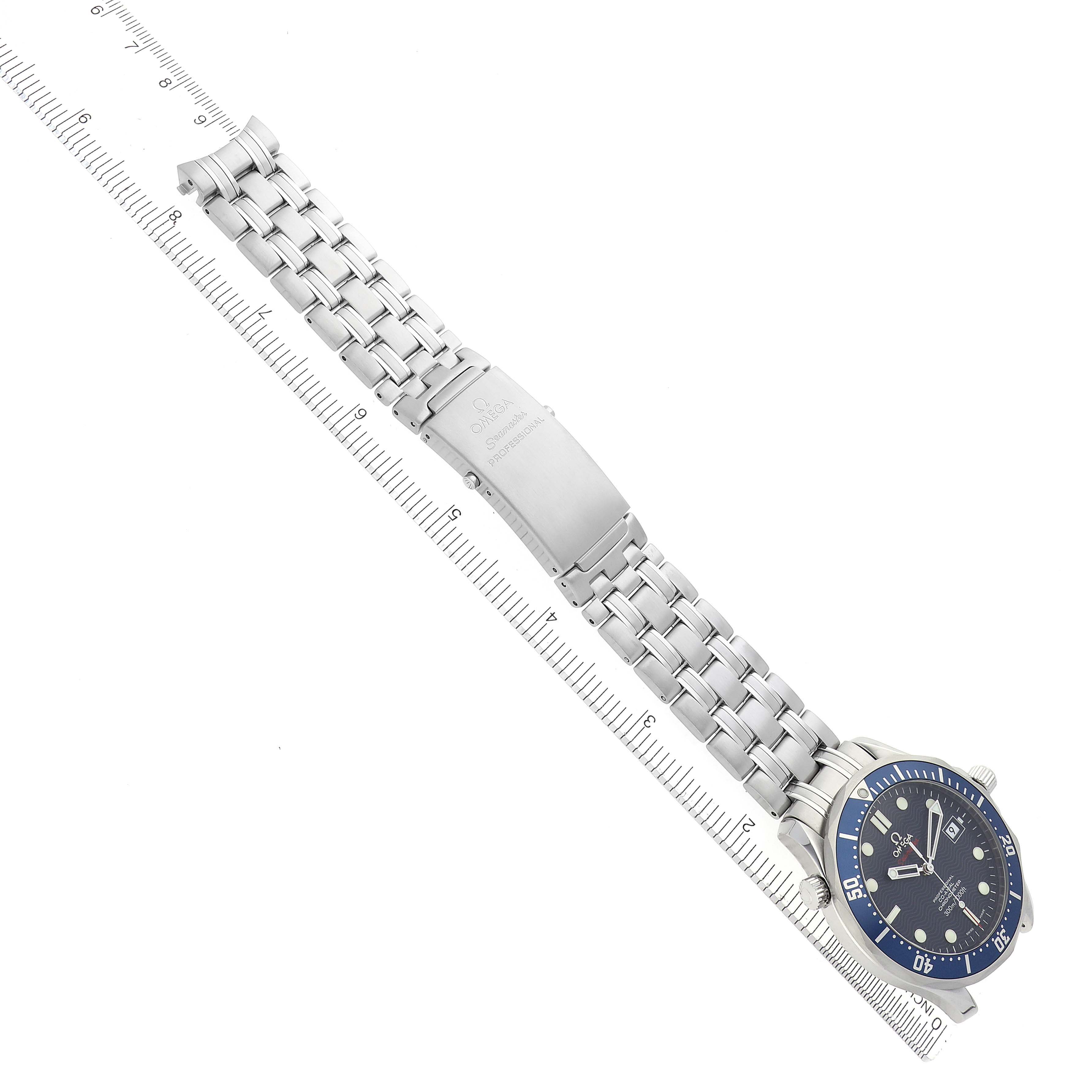 The Omega Seamaster 2220.80.00 Men's Stainless Steel Blue Dial 2220.80.00 Men's Stainless Steel Blue Dial watch is shown from a top-down angle, displaying the bracelet, clasp, and bezel.