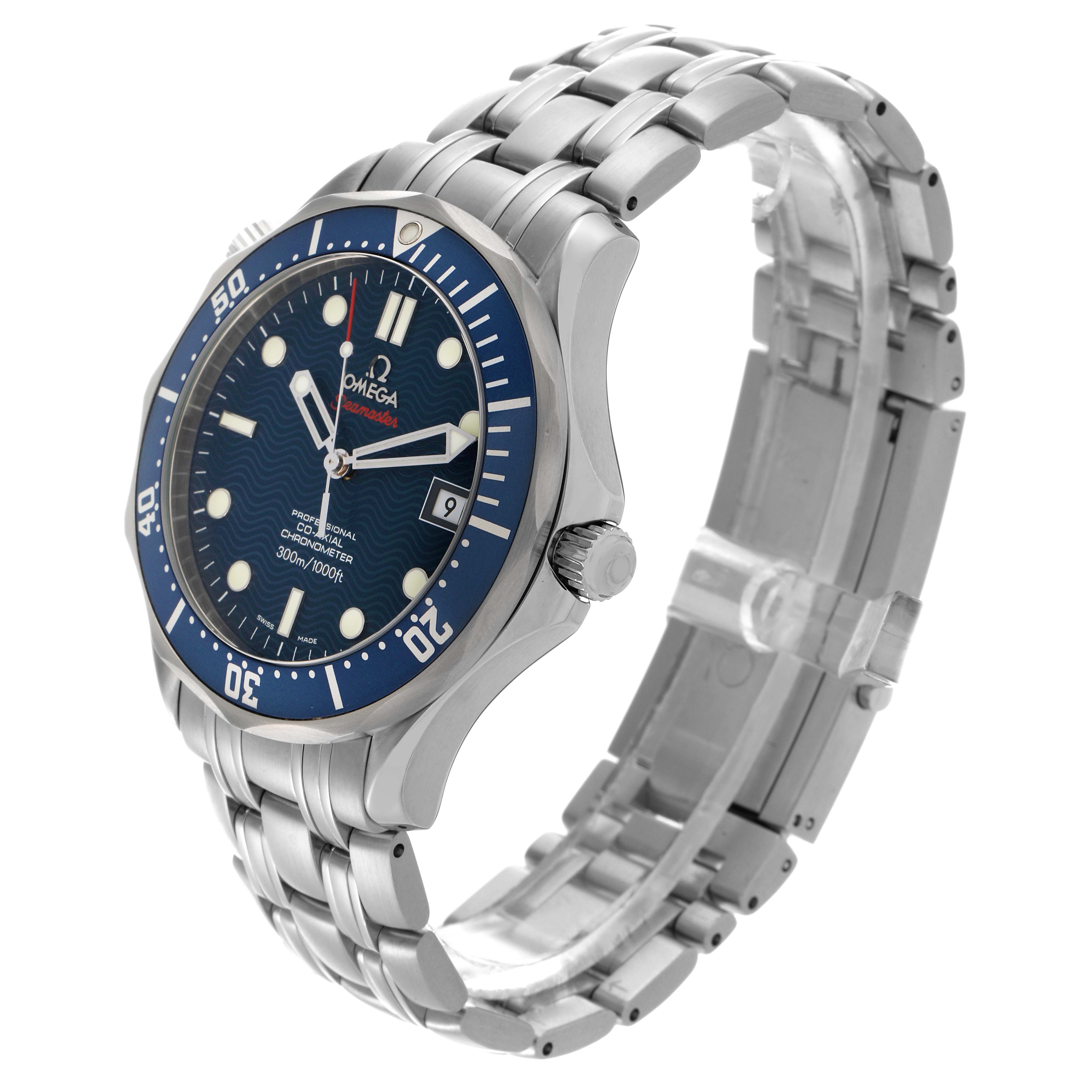 The Omega Seamaster 2220.80.00 Men's Stainless Steel Blue Dial 2220.80.00 Men's Stainless Steel Blue Dial watch is shown at a three-quarter angle, highlighting the face, bezel, crown, and bracelet.