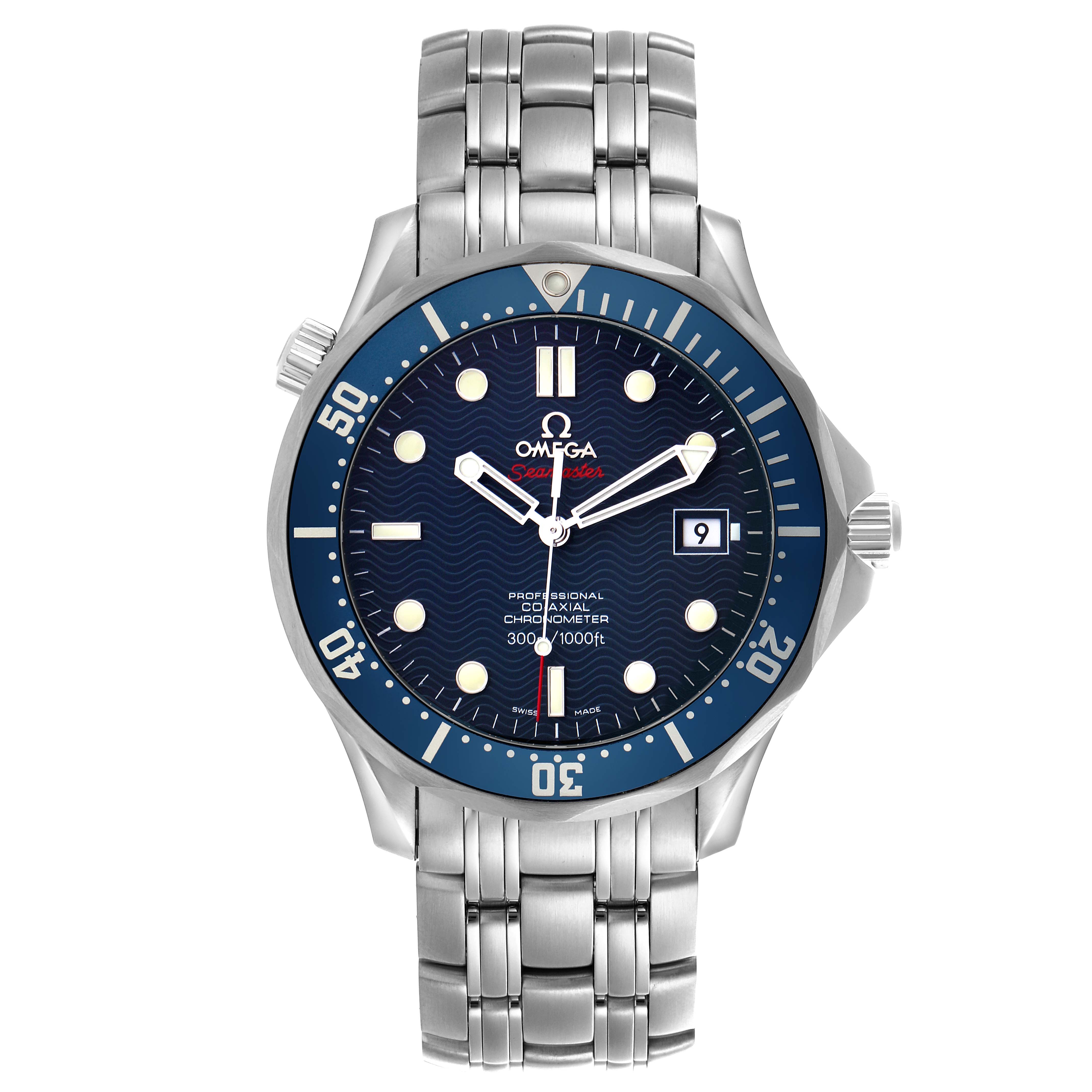 The Omega Seamaster 2220.80.00 Men's Stainless Steel Blue Dial 2220.80.00 Men's Stainless Steel Blue Dial watch is shown from the front, displaying the dial, bezel, crown, and bracelet.