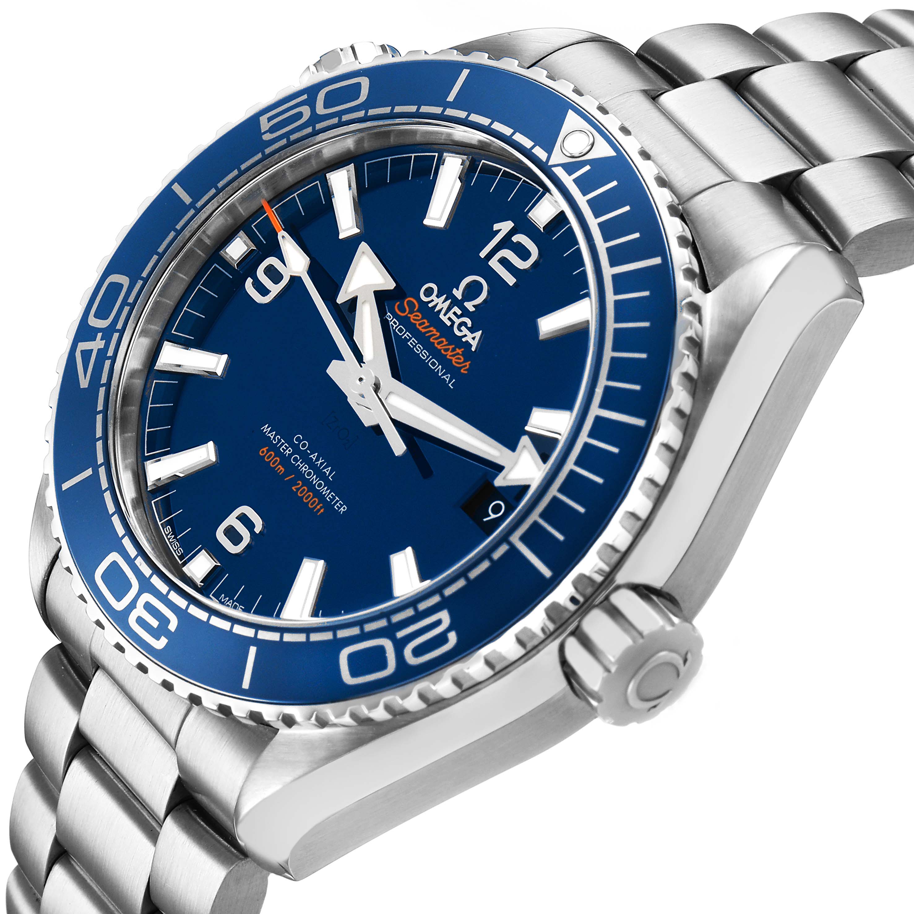 The image shows a side angle of the Omega Planet Ocean 215.30.44.21.03.001 Men's Stainless Steel Blue Dial watch, highlighting the blue bezel, dial, and stainless steel bracelet.