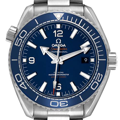 The Omega Planet Ocean 215.30.44.21.03.001 Men's Stainless Steel Blue Dial watch is shown from the front, highlighting its blue dial and bezel, stainless steel case, and bracelet.