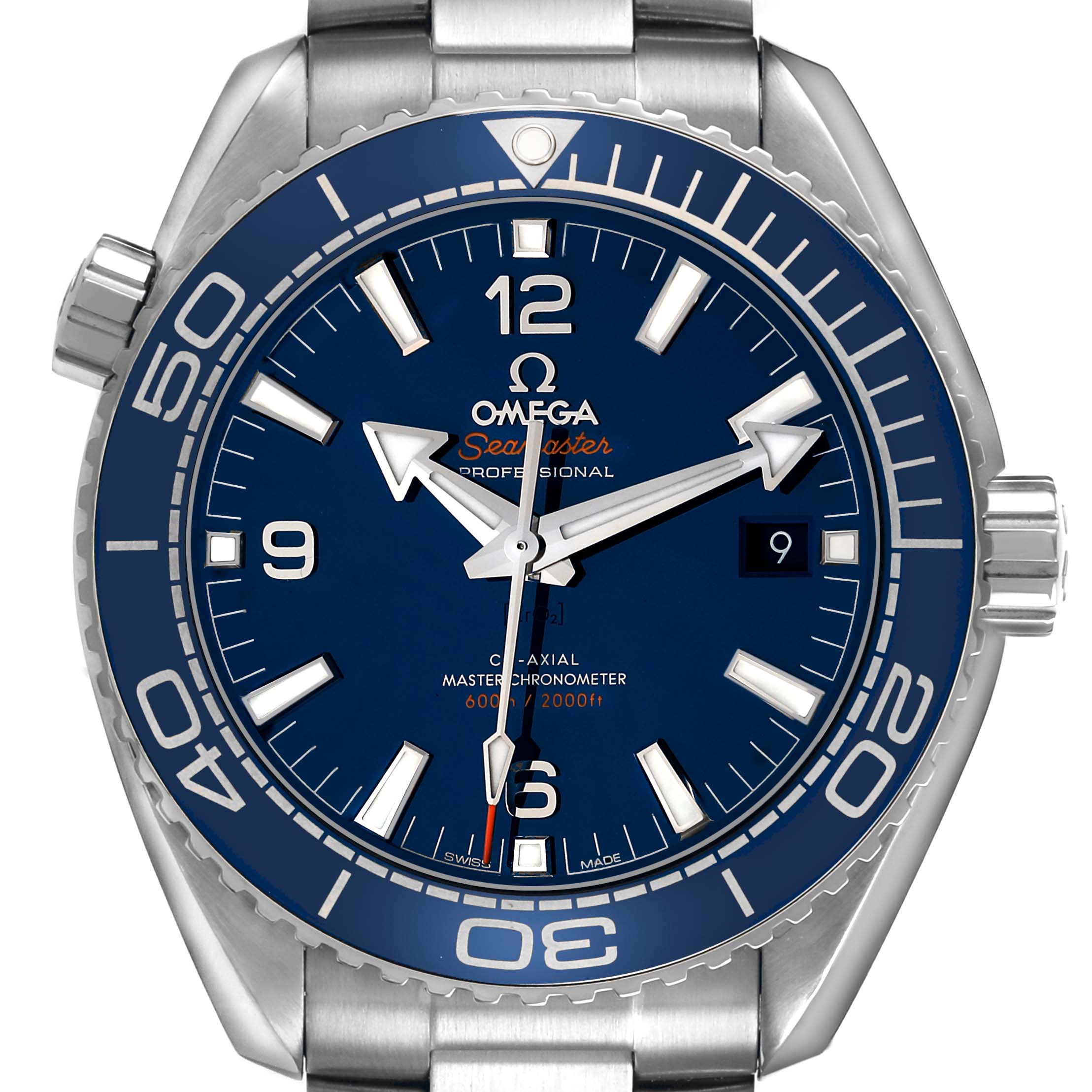 The Omega Planet Ocean 215.30.44.21.03.001 Men's Stainless Steel Blue Dial watch is shown from the front, displaying its blue dial and bezel with a silver stainless steel bracelet.