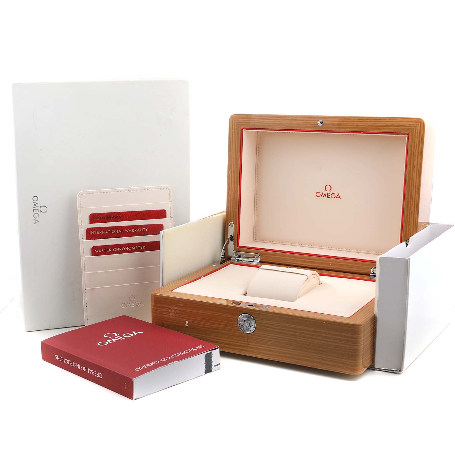 The image shows an Omega Planet Ocean 215.30.44.21.03.001 Men's Stainless Steel Blue Dial watch box, warranty cards, and operating instructions at a slight angle.