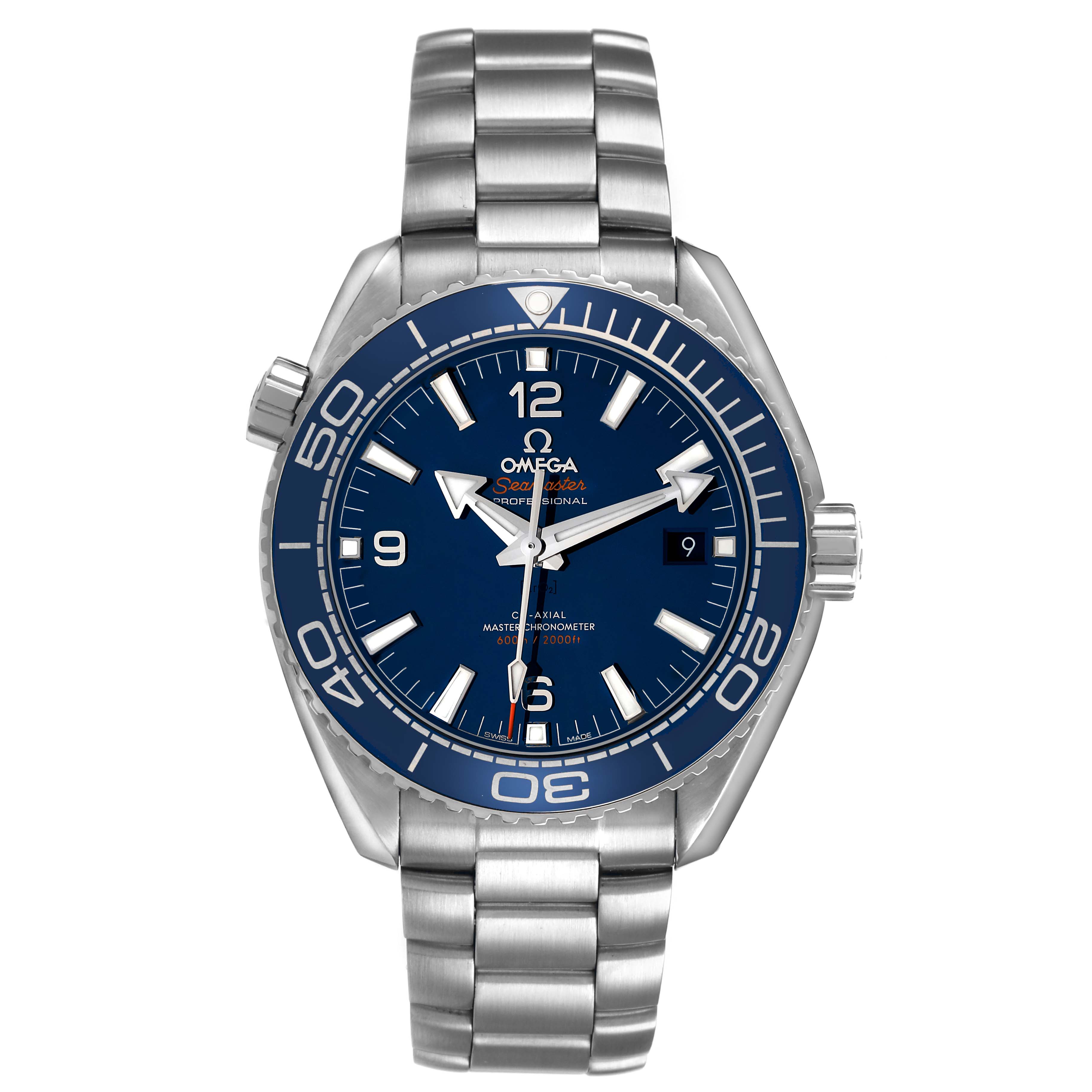 The Omega Planet Ocean 215.30.44.21.03.001 Men's Stainless Steel Blue Dial watch is shown from a front angle, featuring its dial, bezel, and bracelet.