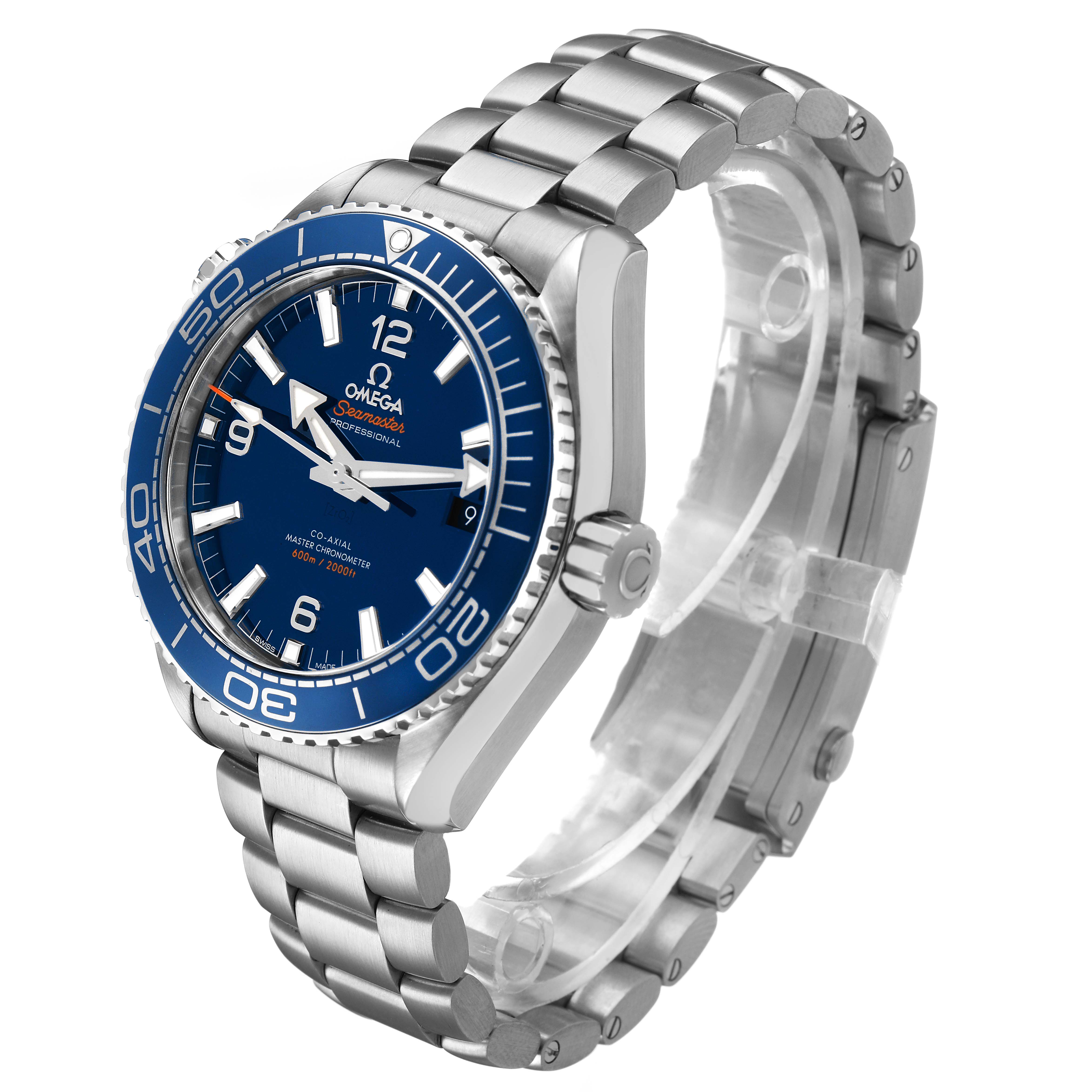 The Omega Planet Ocean 215.30.44.21.03.001 Men's Stainless Steel Blue Dial watch is shown at an angled side view, highlighting the blue bezel, dial, and steel bracelet.