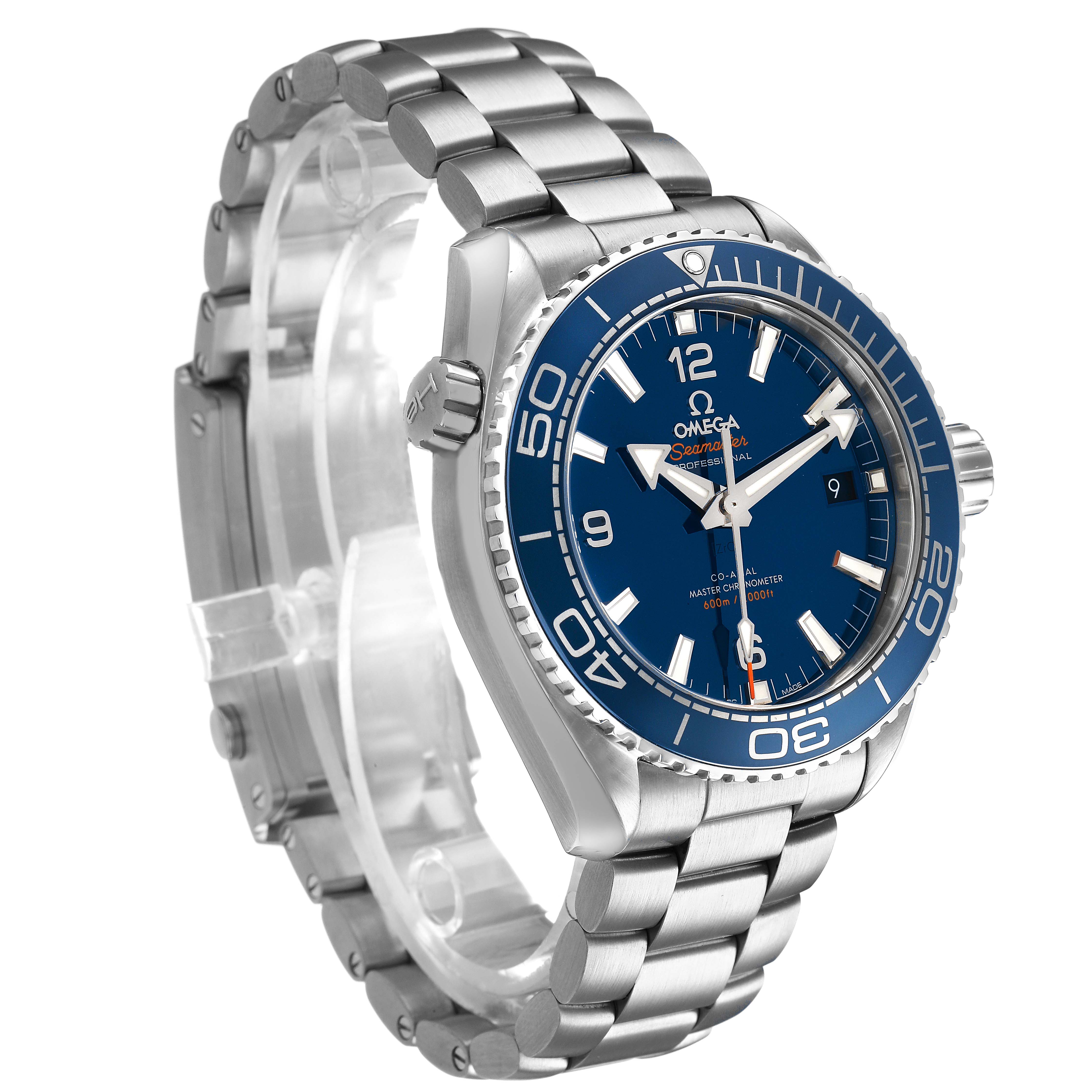 The Omega Planet Ocean 215.30.44.21.03.001 Men's Stainless Steel Blue Dial watch is shown at a three-quarter angle, displaying the blue dial, bezel, and bracelet.