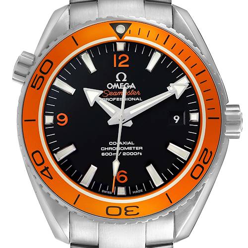 The Omega Planet Ocean 232.30.46.21.01.002 Men's Stainless Steel Black Dial watch is shown from the front, displaying its face, bezel, and part of the bracelet.