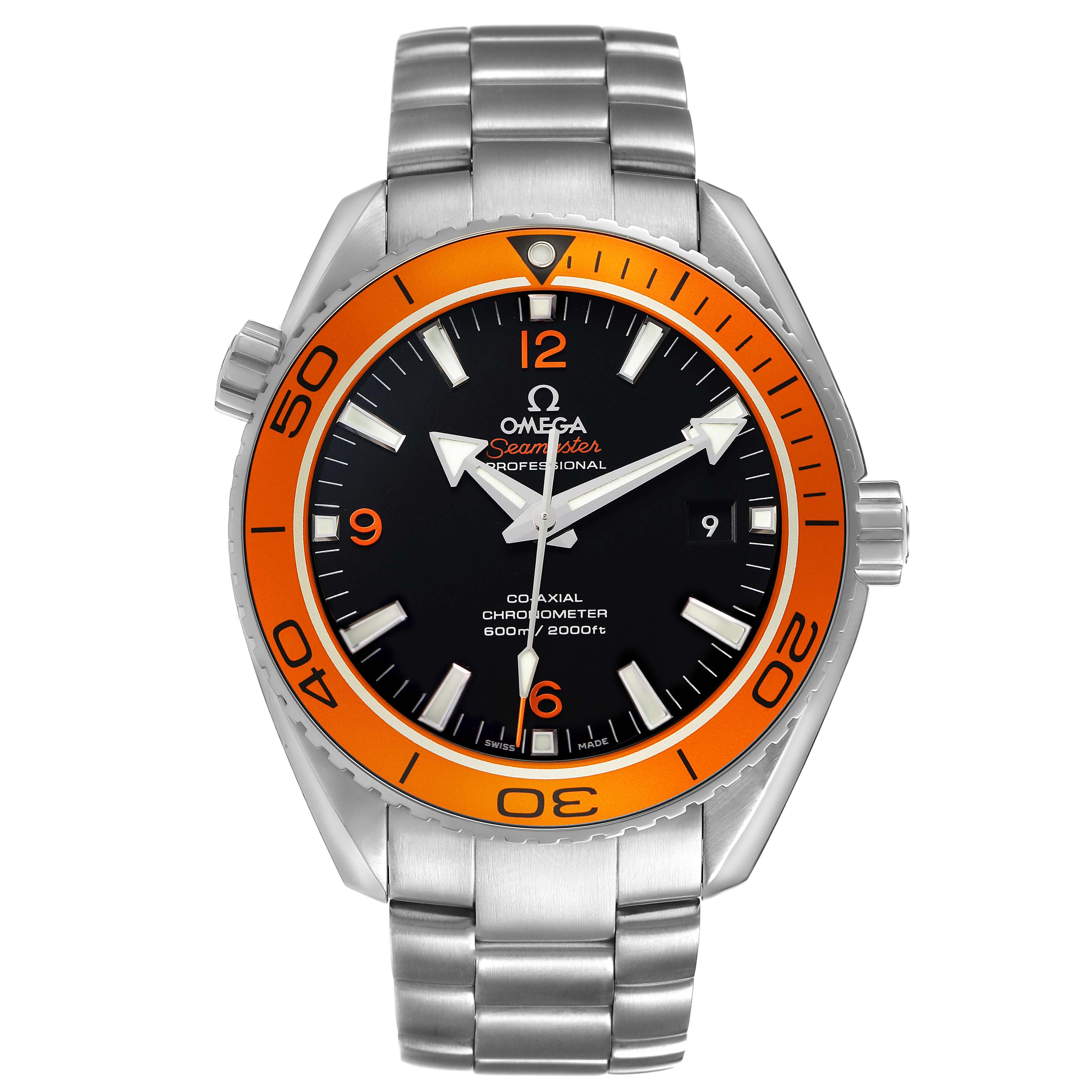 The image shows an Omega Planet Ocean 232.30.46.21.01.002 Men's Stainless Steel Black Dial watch from a front view, highlighting the dial, bezel, and bracelet.