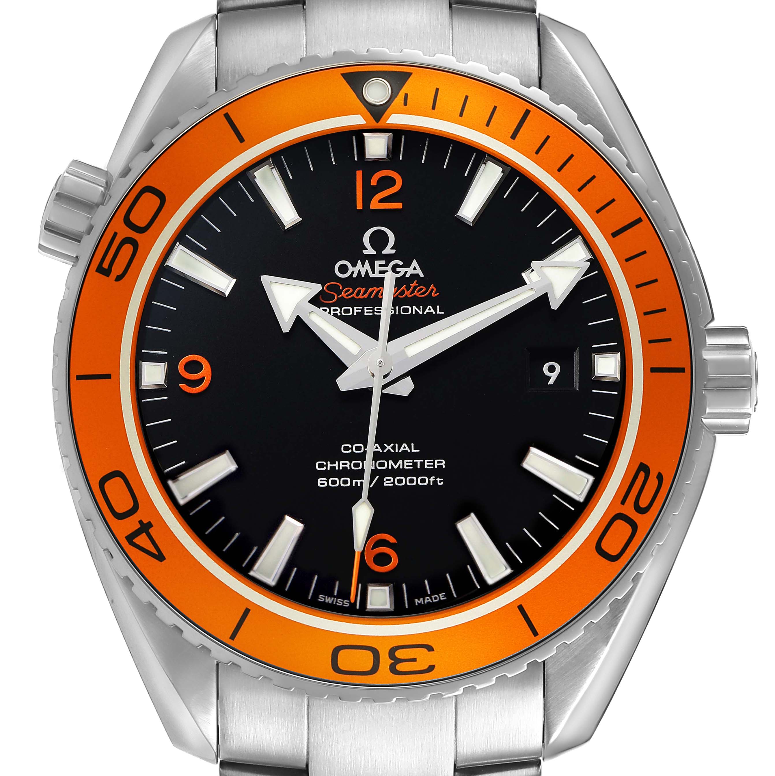 The Omega Planet Ocean 232.30.46.21.01.002 Men's Stainless Steel Black Dial watch is shown from a front angle, displaying the orange bezel, black dial, and stainless steel bracelet links.