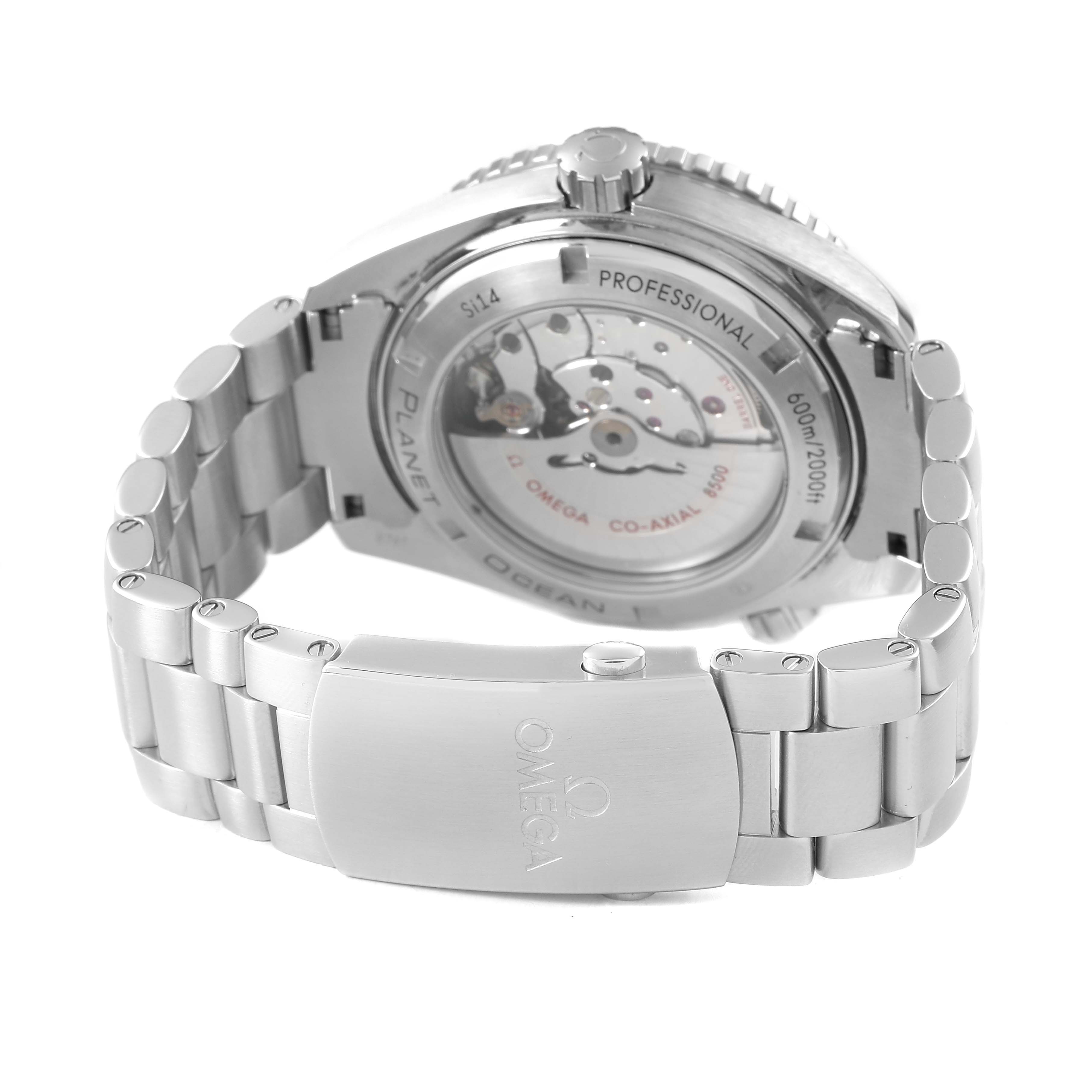 The image shows a rear view of the Omega Planet Ocean 232.30.46.21.01.002 Men's Stainless Steel Black Dial watch, highlighting the open case back and bracelet clasp.