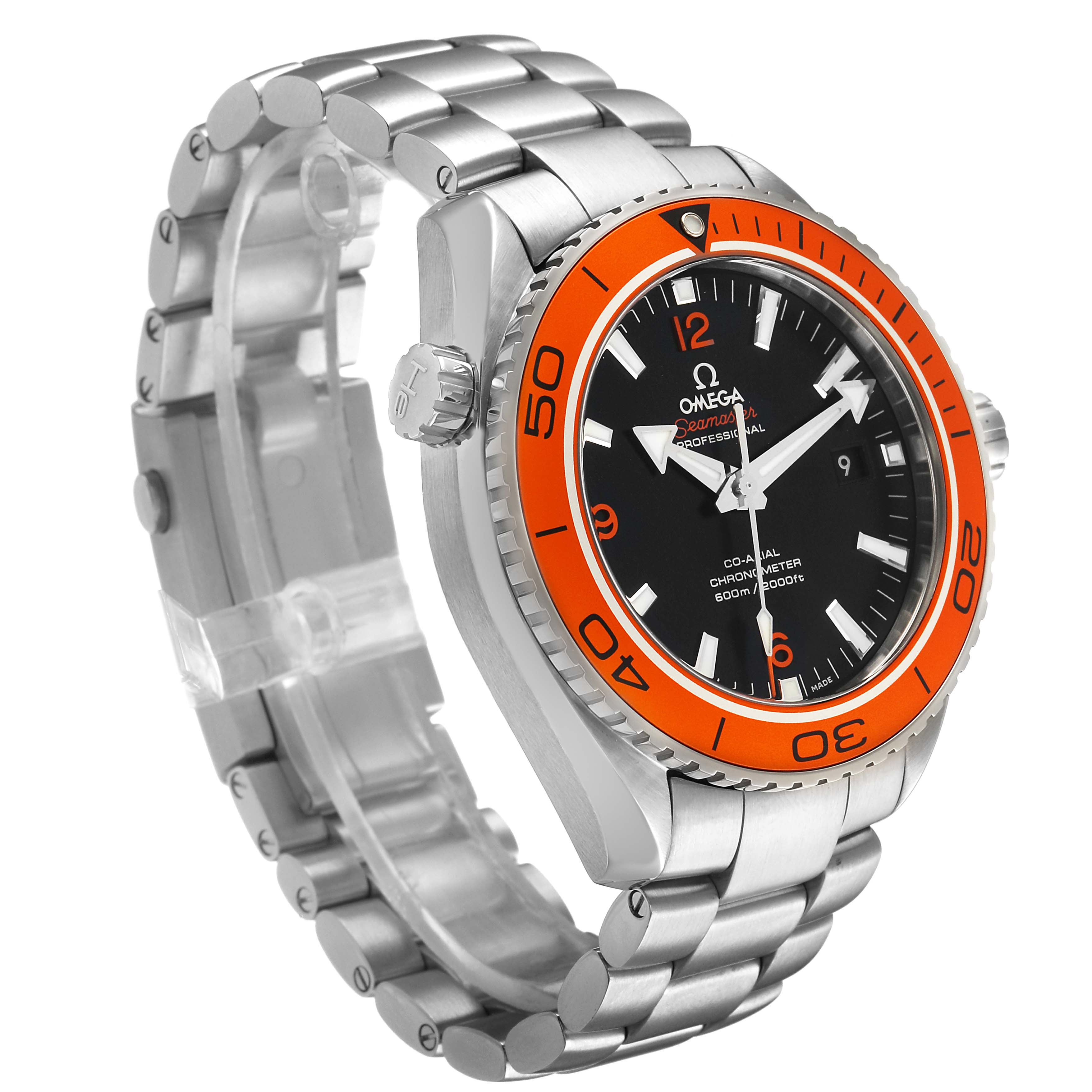 The Omega Planet Ocean 232.30.46.21.01.002 Men's Stainless Steel Black Dial watch is shown at a slight angle, displaying its bezel, dial, case, crown, and bracelet.