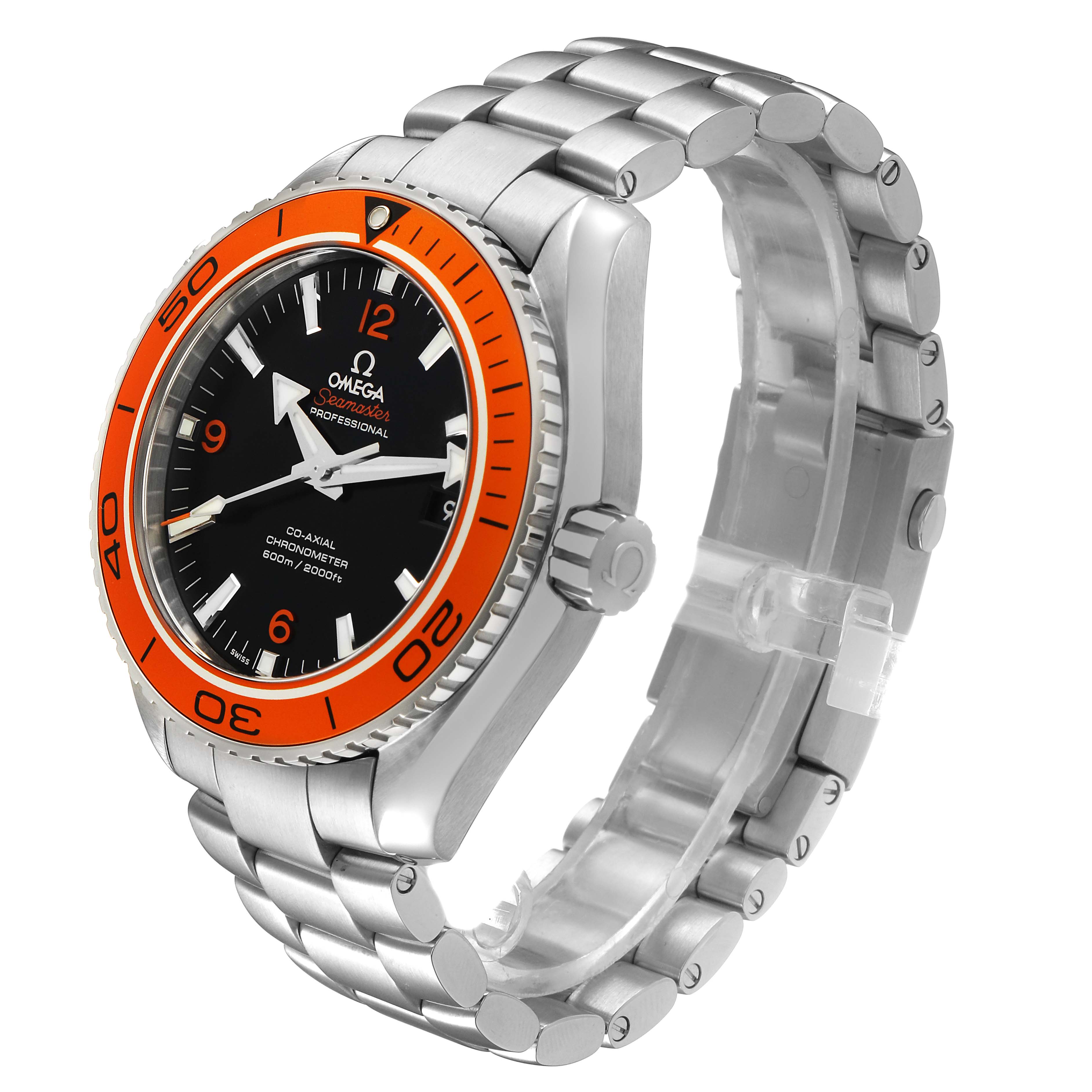 The Omega Planet Ocean 232.30.46.21.01.002 Men's Stainless Steel Black Dial watch is shown at a slight angle, highlighting the orange bezel, crown, and metal bracelet.