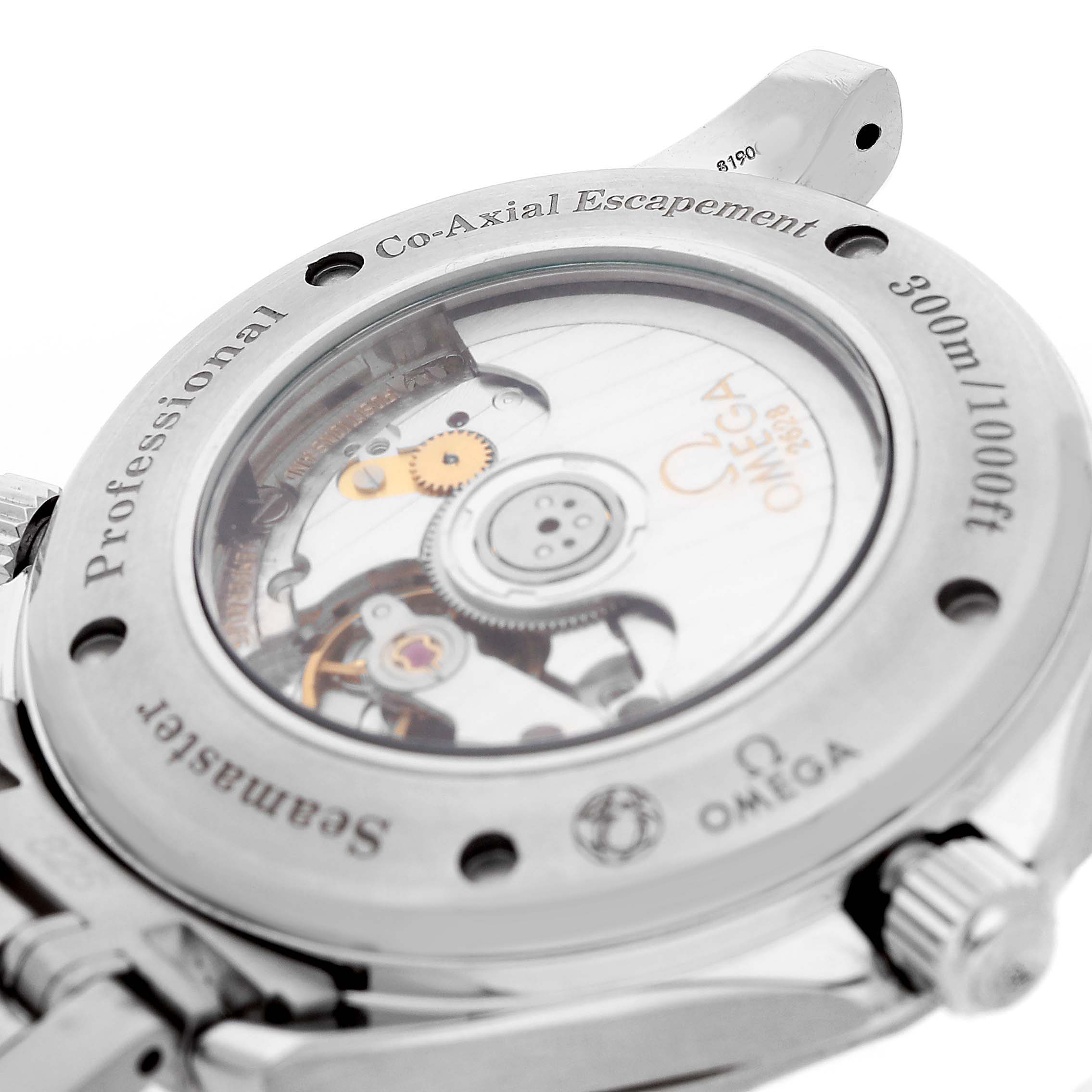 The image shows the back view of the Omega Planet Ocean 232.30.46.21.01.002 Men's Stainless Steel Black Dial watch, highlighting its Co-Axial escapement through a transparent case back.