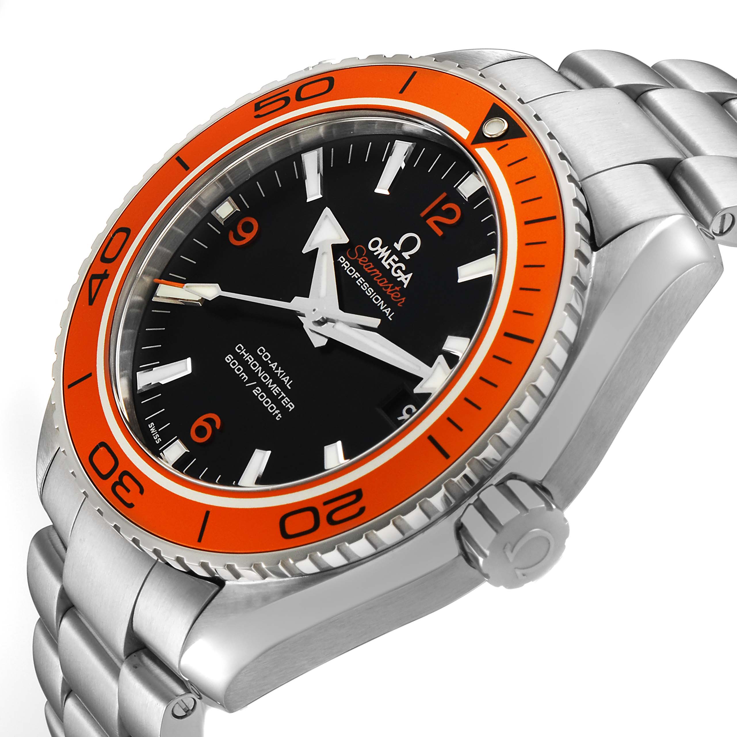 The Omega Planet Ocean 232.30.46.21.01.002 Men's Stainless Steel Black Dial watch is shown at a tilted side angle, highlighting the orange bezel, crown, and stainless steel bracelet.