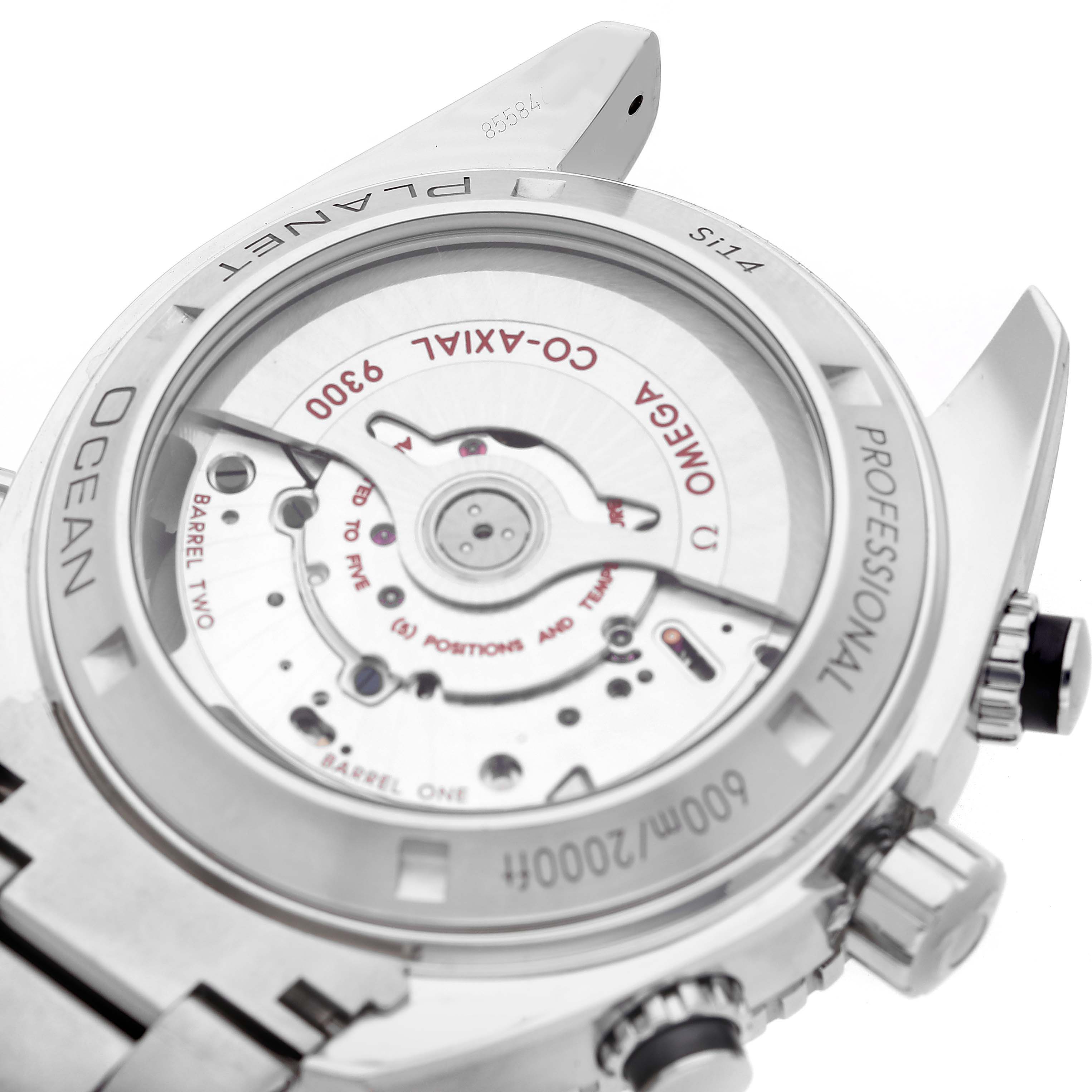 The image shows the back of an Omega Planet Ocean 232.30.46.51.01.001 Men's Stainless Steel Black Dial watch, revealing the Co-Axial 9300 movement.