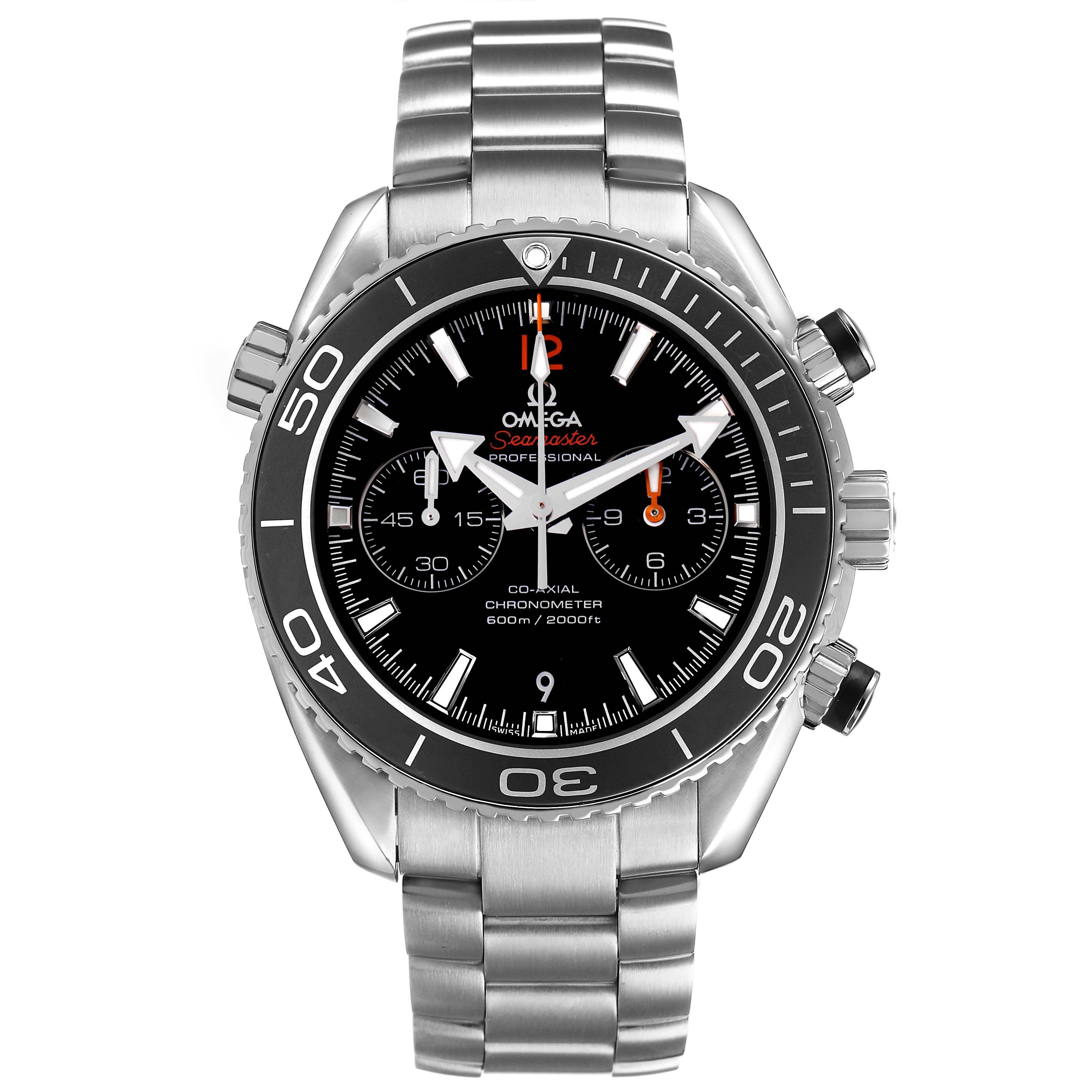 The Omega Planet Ocean 232.30.46.51.01.001 Men's Stainless Steel Black Dial watch is shown from a front angle, displaying its face, bezel, and bracelet.