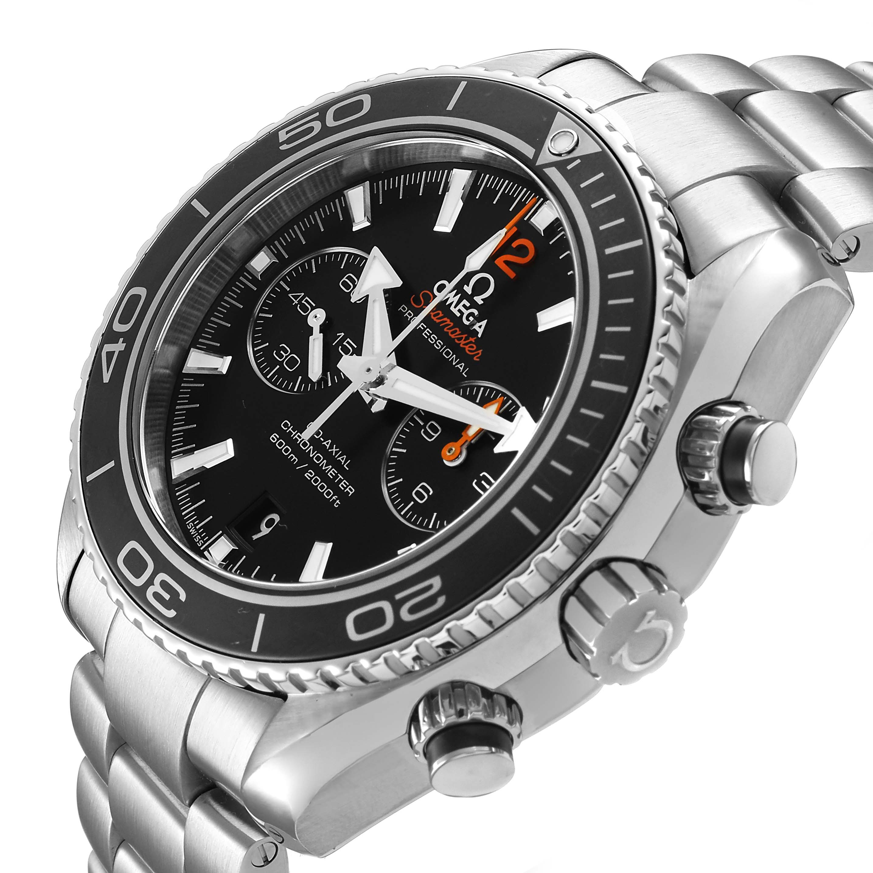 The Omega Planet Ocean 232.30.46.51.01.001 Men's Stainless Steel Black Dial watch is shown at an angle highlighting the bezel, dial, crown, and chronograph pushers.