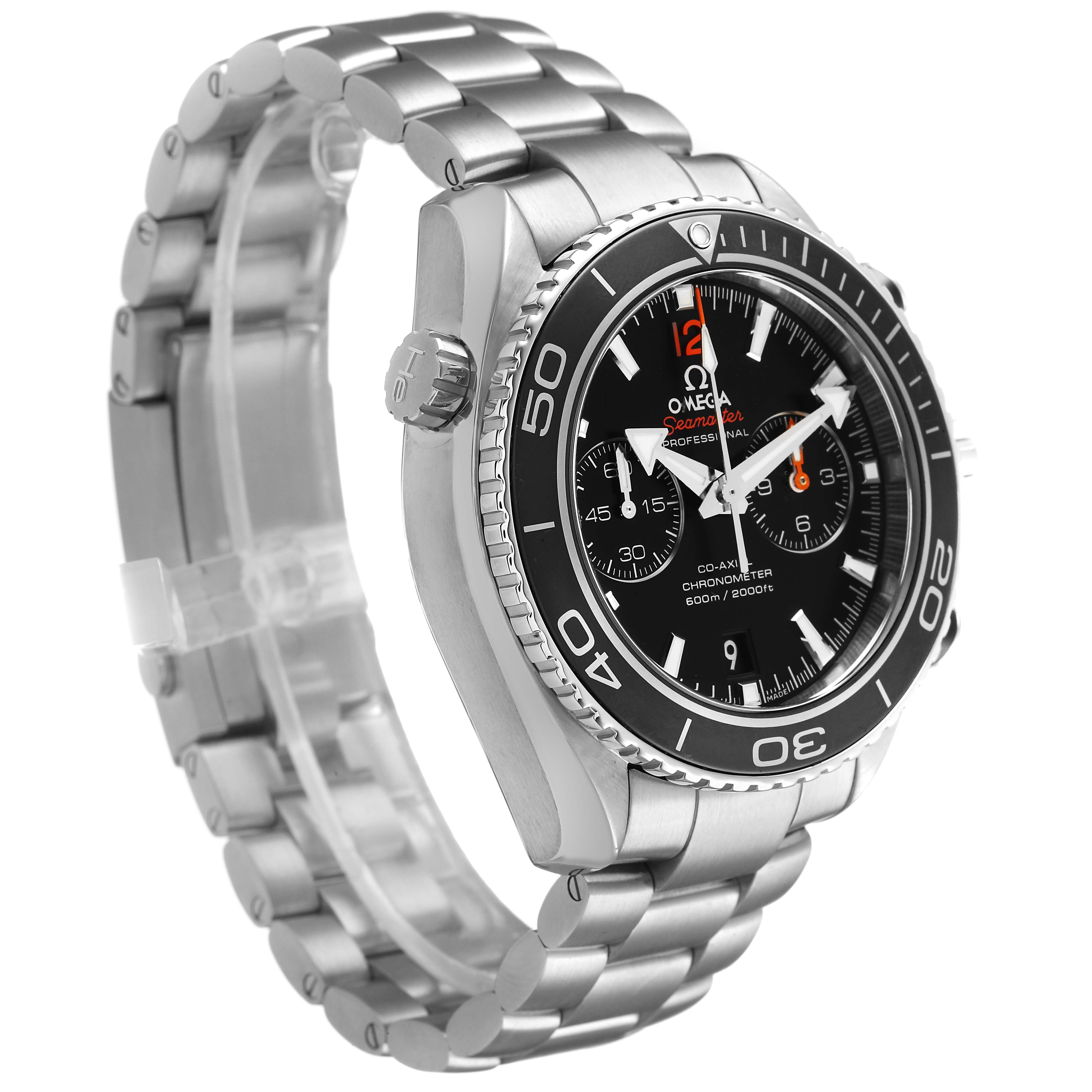 The Omega Planet Ocean 232.30.46.51.01.001 Men's Stainless Steel Black Dial watch is shown at a three-quarter angle, displaying its face, bezel, crown, and bracelet.