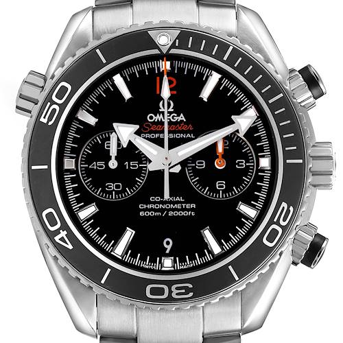 The Omega Planet Ocean 232.30.46.51.01.001 Men's Stainless Steel Black Dial watch is shown from the front, highlighting the bezel, dial, and pushers.
