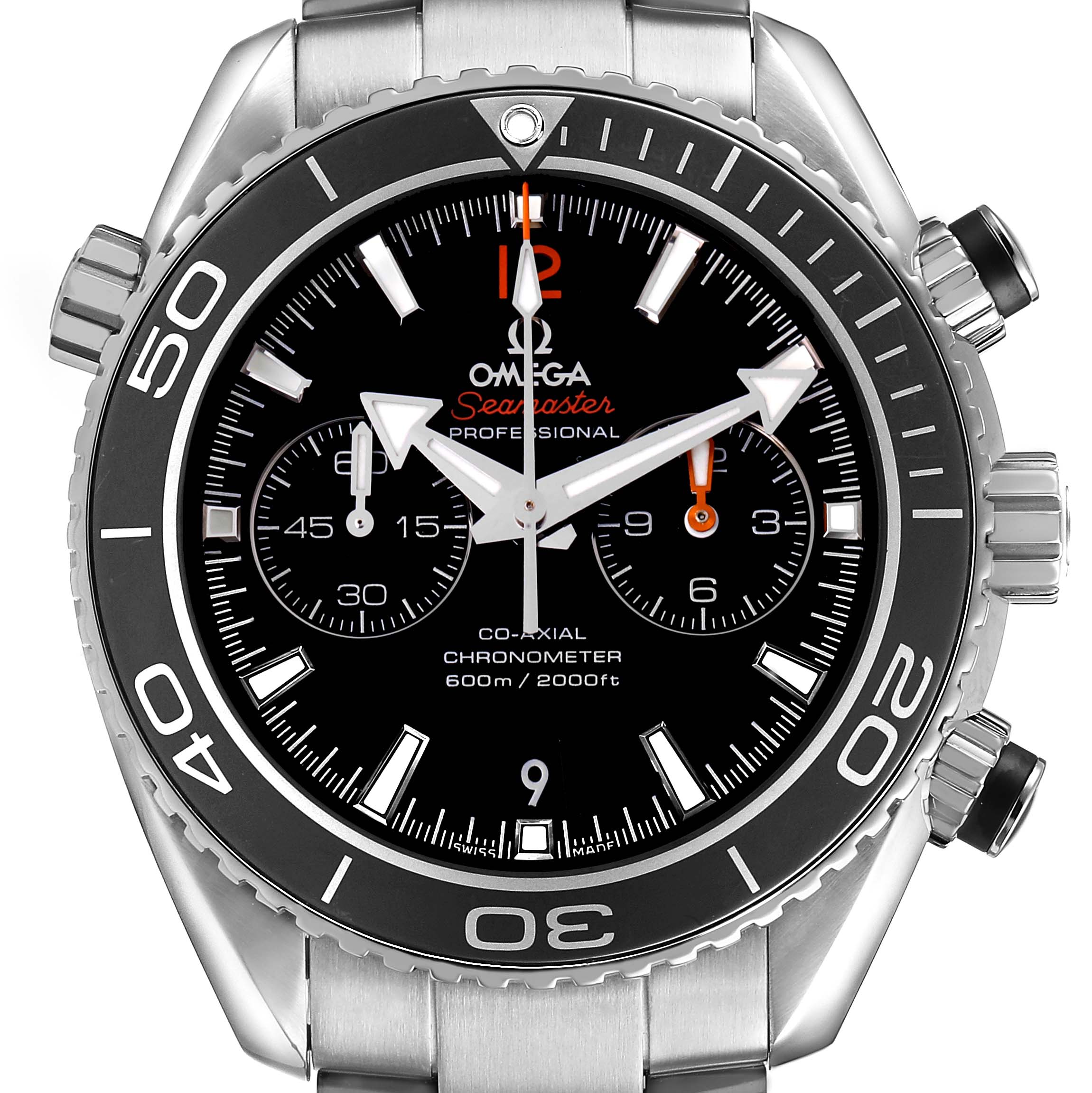 The Omega Planet Ocean 232.30.46.51.01.001 Men's Stainless Steel Black Dial watch is shown from the front, highlighting its bezel, chronograph dials, and stainless steel bracelet.