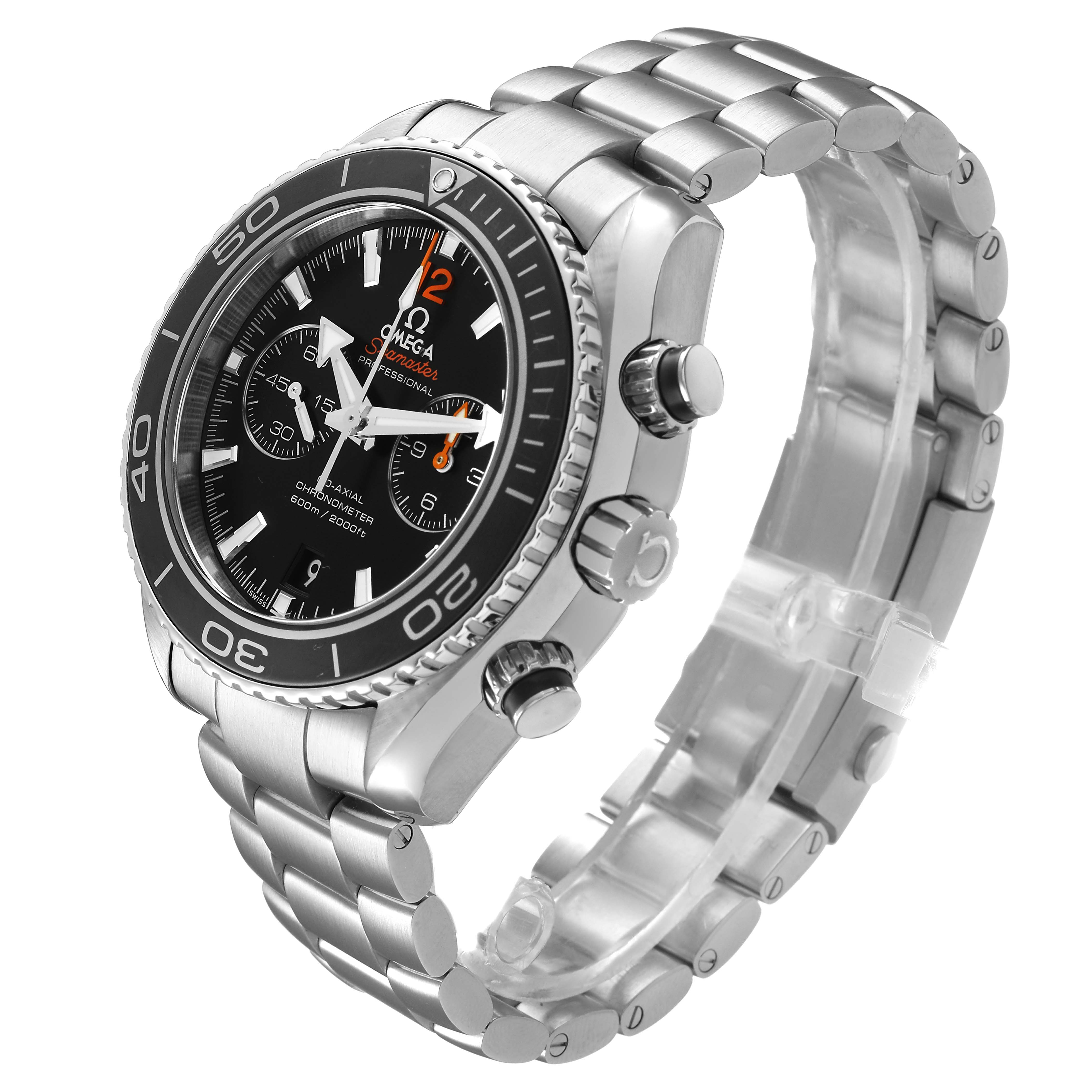 The Omega Planet Ocean 232.30.46.51.01.001 Men's Stainless Steel Black Dial watch is shown at a three-quarter angle, highlighting the dial, bezel, pushers, and metal bracelet.