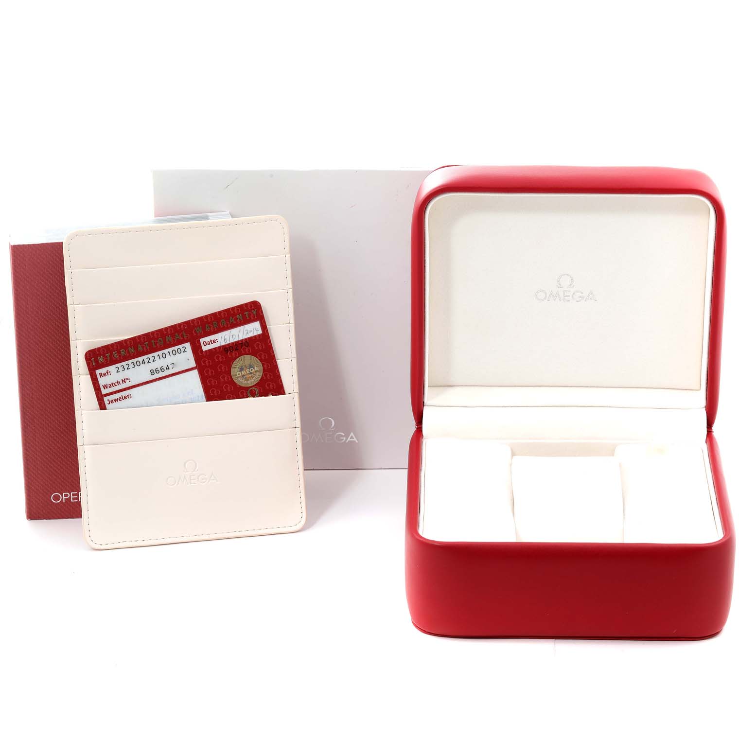 The image shows the open watch box, warranty cards, and documentation for the Omega Planet Ocean 232.30.42.21.01.002 Men
s Stainless Steel Black Dial 232.30.42.21.01.002 Men
s Stainless Steel Black Dial model.