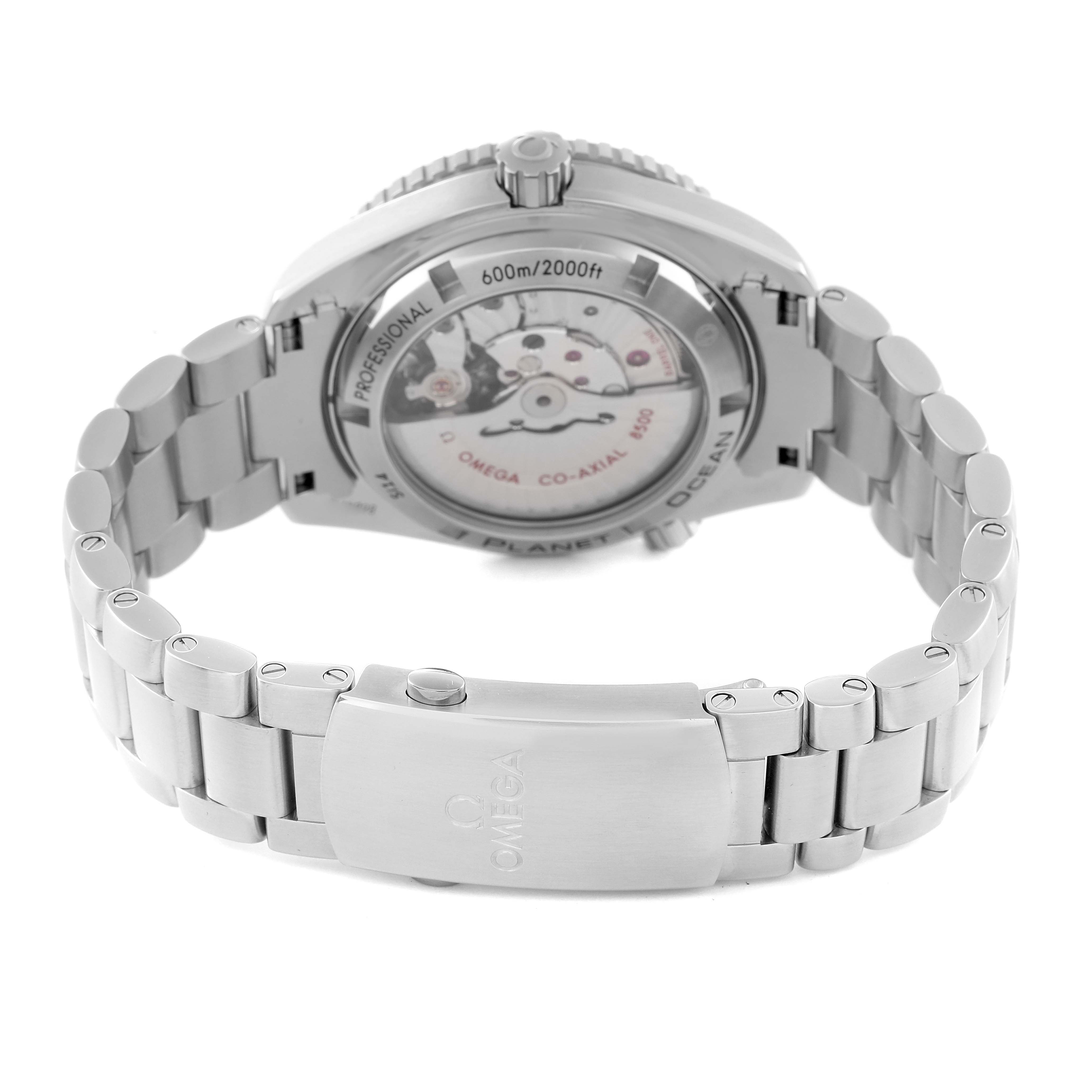 The image shows the back case and bracelet of an Omega Planet Ocean 232.30.42.21.01.002 Men
s Stainless Steel Black Dial 232.30.42.21.01.002 Men
s Stainless Steel Black Dial watch, highlighting its clasp and movement.