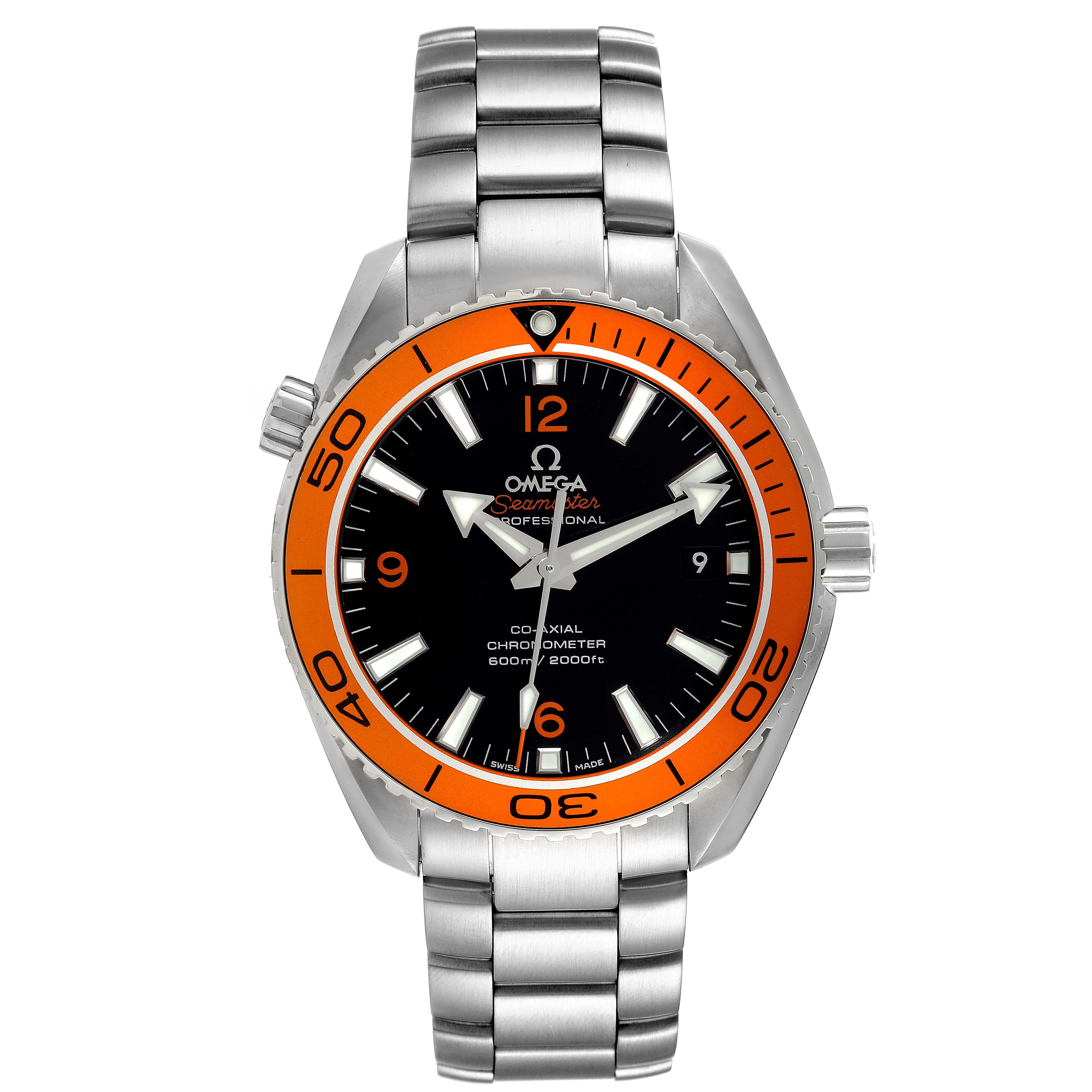 The image shows a front view of the Omega Planet Ocean 232.30.42.21.01.002 Men
s Stainless Steel Black Dial 232.30.42.21.01.002 Men
s Stainless Steel Black Dial watch, displaying its dial, bezel, and bracelet.