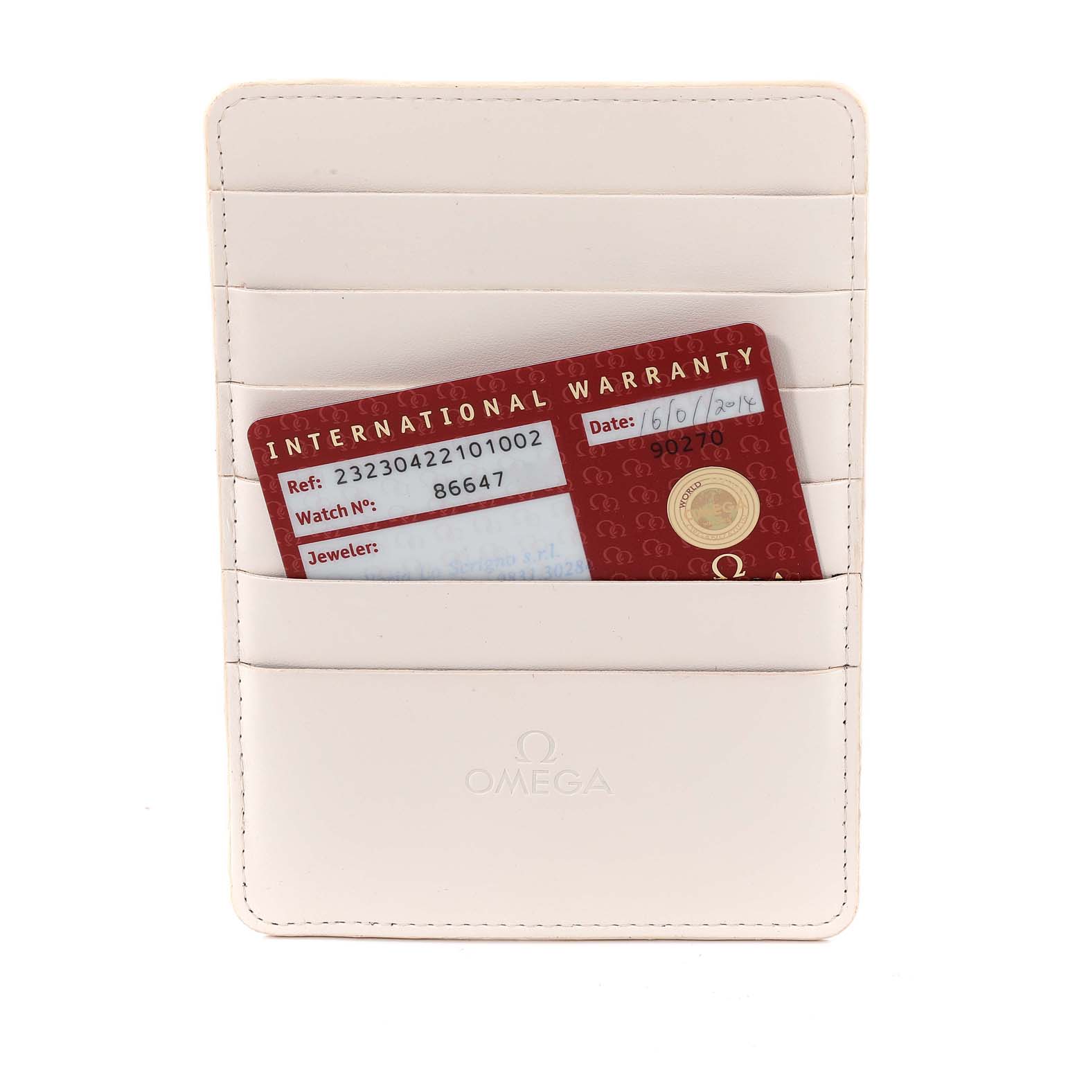 The image shows an Omega Planet Ocean 232.30.42.21.01.002 Men
s Stainless Steel Black Dial 232.30.42.21.01.002 Men
s Stainless Steel Black Dial model’s International Warranty card in a white Omega cardholder, front-facing.