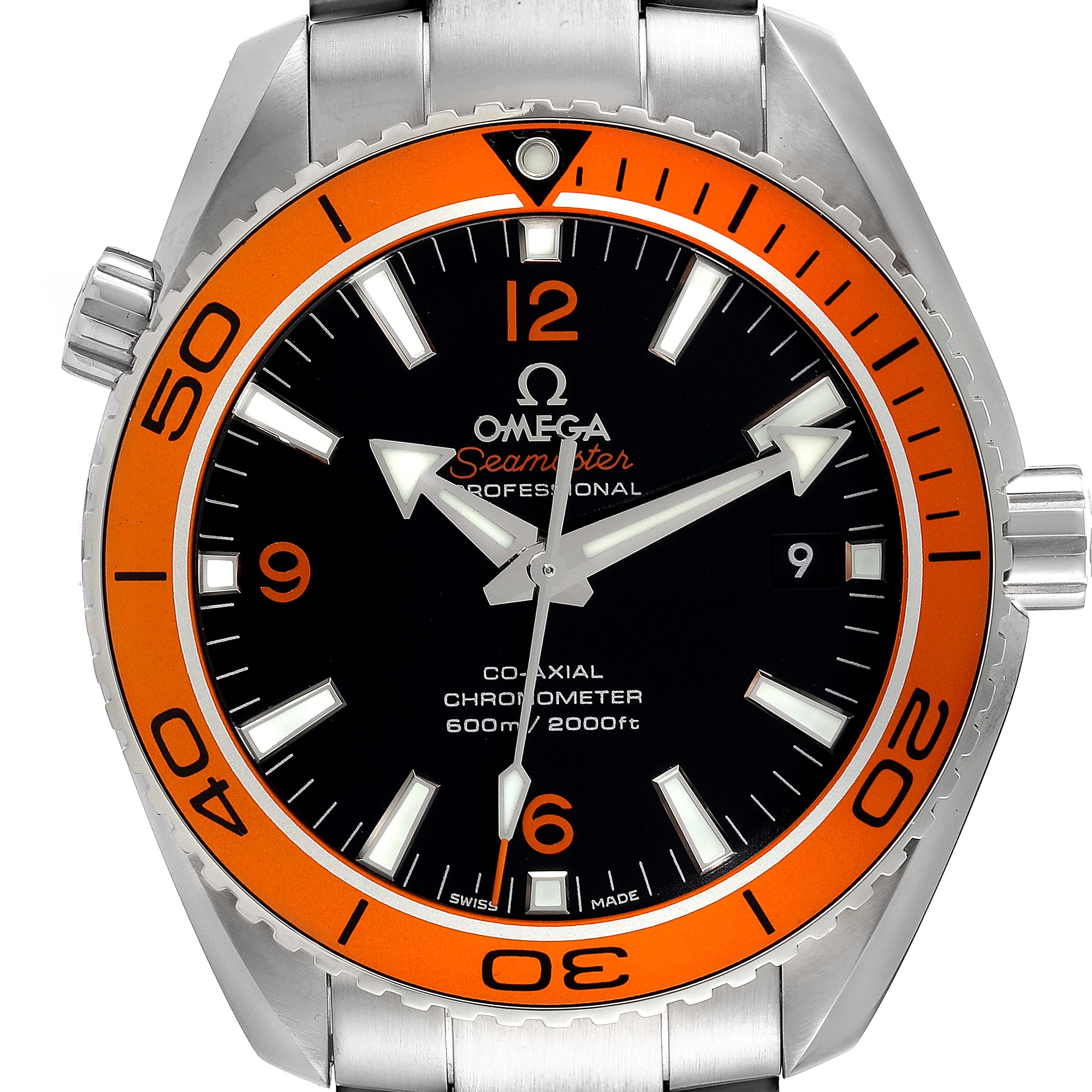 The image shows a front view of the Omega Planet Ocean 232.30.42.21.01.002 Men
s Stainless Steel Black Dial 232.30.42.21.01.002 Men
s Stainless Steel Black Dial Seamaster watch, highlighting the orange bezel and black dial.
