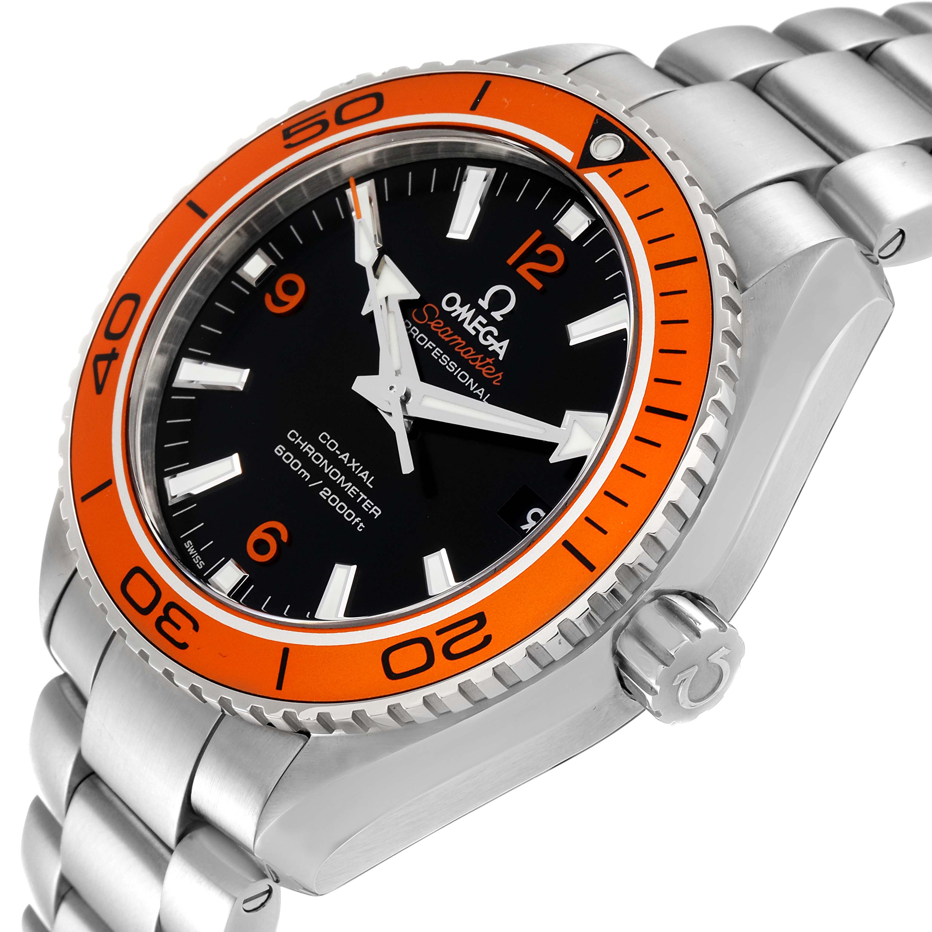 The Omega Planet Ocean 232.30.42.21.01.002 Men
s Stainless Steel Black Dial 232.30.42.21.01.002 Men
s Stainless Steel Black Dial watch is shown at an oblique angle, highlighting the orange bezel, black dial, and metal bracelet.