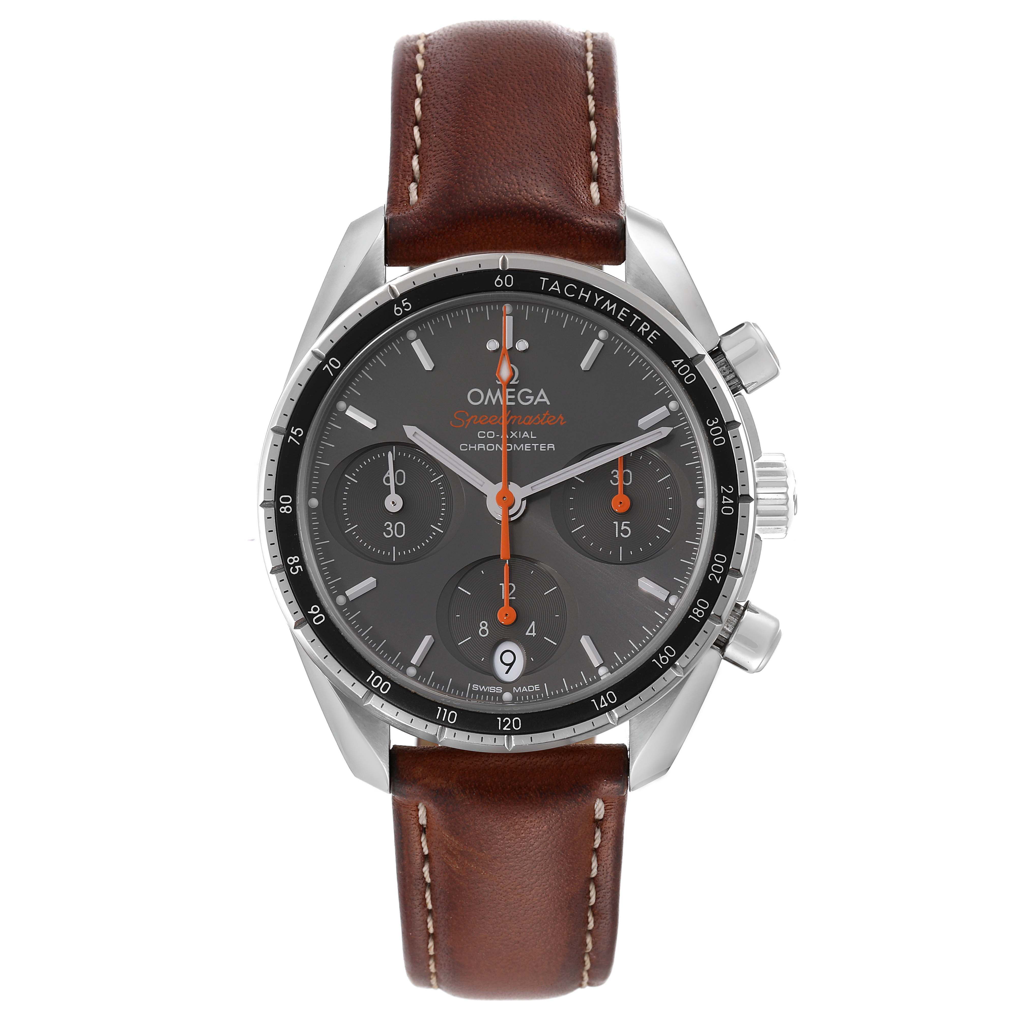 The Omega Speedmaster 324.32.38.50.06.001 Men
s Stainless Steel Grey Dial 324.32.38.50.06.001 Men
s Stainless Steel Grey Dial watch is shown from a frontal angle, displaying its dial, chronograph subdials, and brown leather strap.