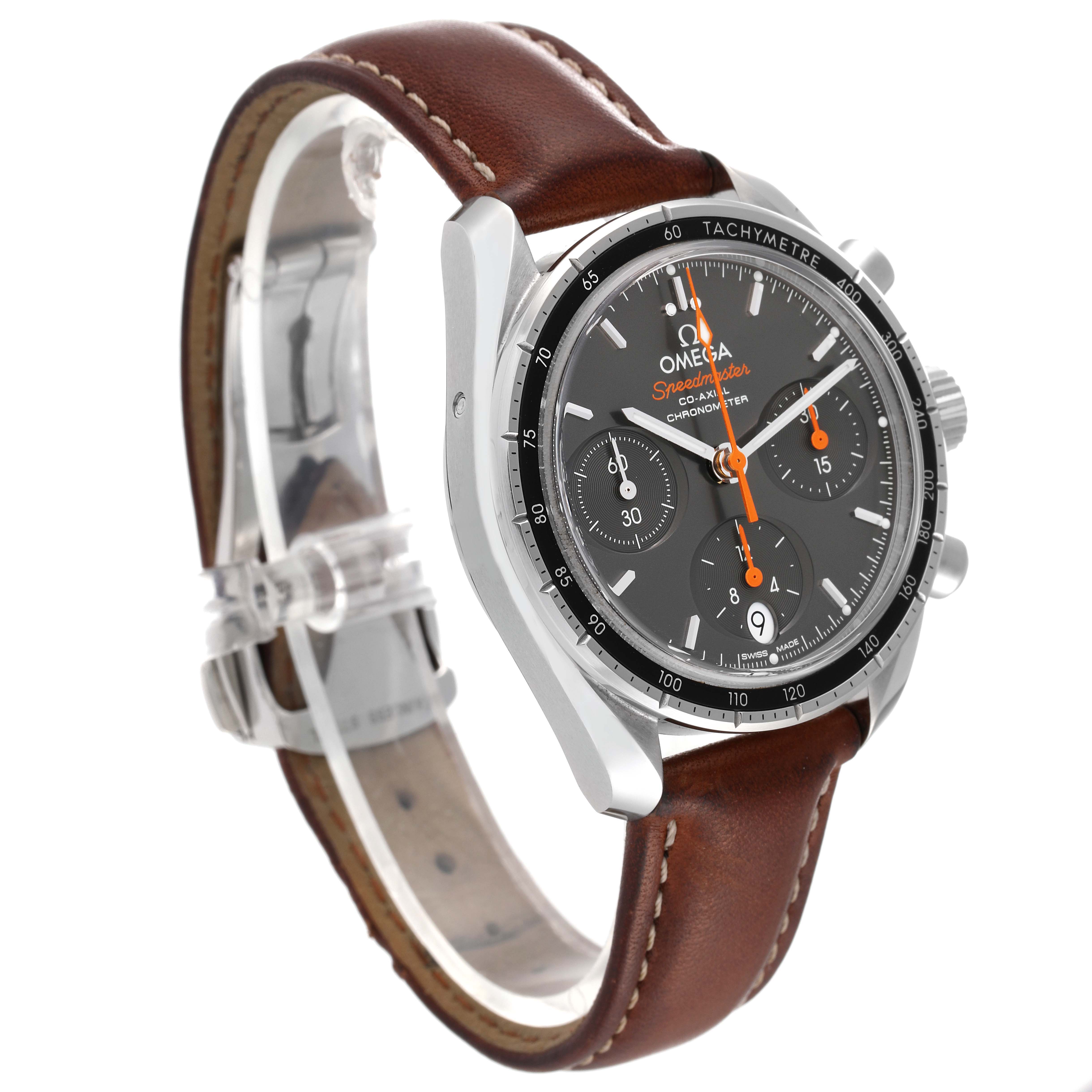 The Omega Speedmaster 324.32.38.50.06.001 Men
s Stainless Steel Grey Dial 324.32.38.50.06.001 Men
s Stainless Steel Grey Dial watch is shown from a three-quarter angle, displaying the face, case, crown, pushers, and leather strap.