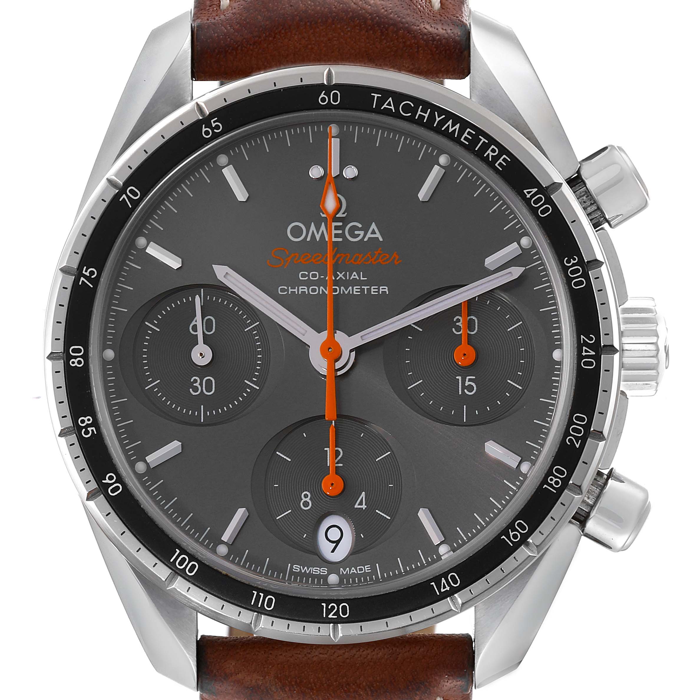 This image shows a front view of an Omega Speedmaster 324.32.38.50.06.001 Men
s Stainless Steel Grey Dial 324.32.38.50.06.001 Men
s Stainless Steel Grey Dial watch highlighting the dial, tachymeter, sub-dials, and brown leather strap.