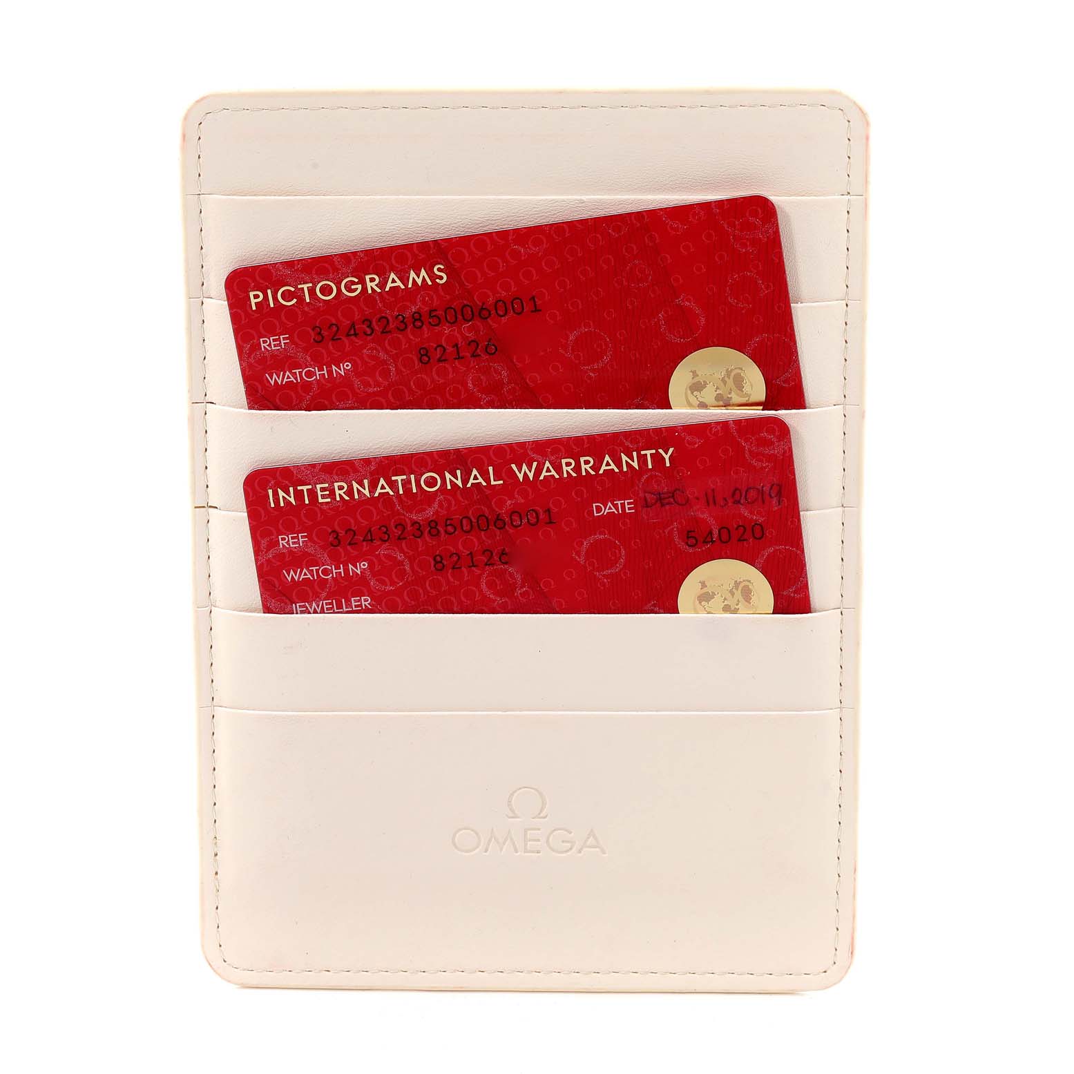 The image shows a white Omega cardholder with pictograms and international warranty cards for the Omega Speedmaster 324.32.38.50.06.001 Men
s Stainless Steel Grey Dial 324.32.38.50.06.001 Men
s Stainless Steel Grey Dial model.