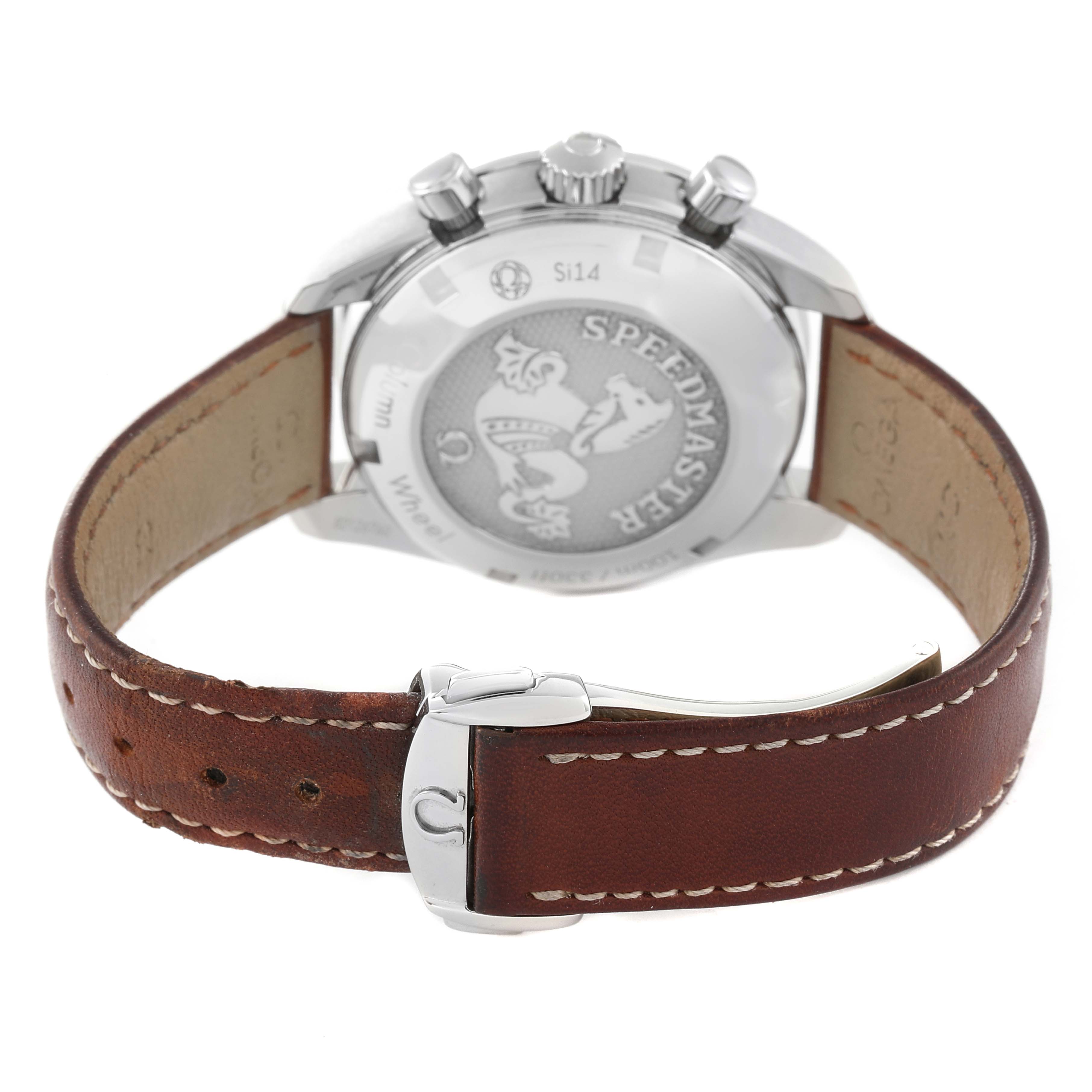 The image shows the back case, leather strap, and clasp of an Omega Speedmaster 324.32.38.50.06.001 Men
s Stainless Steel Grey Dial 324.32.38.50.06.001 Men
s Stainless Steel Grey Dial watch from a rear angle.