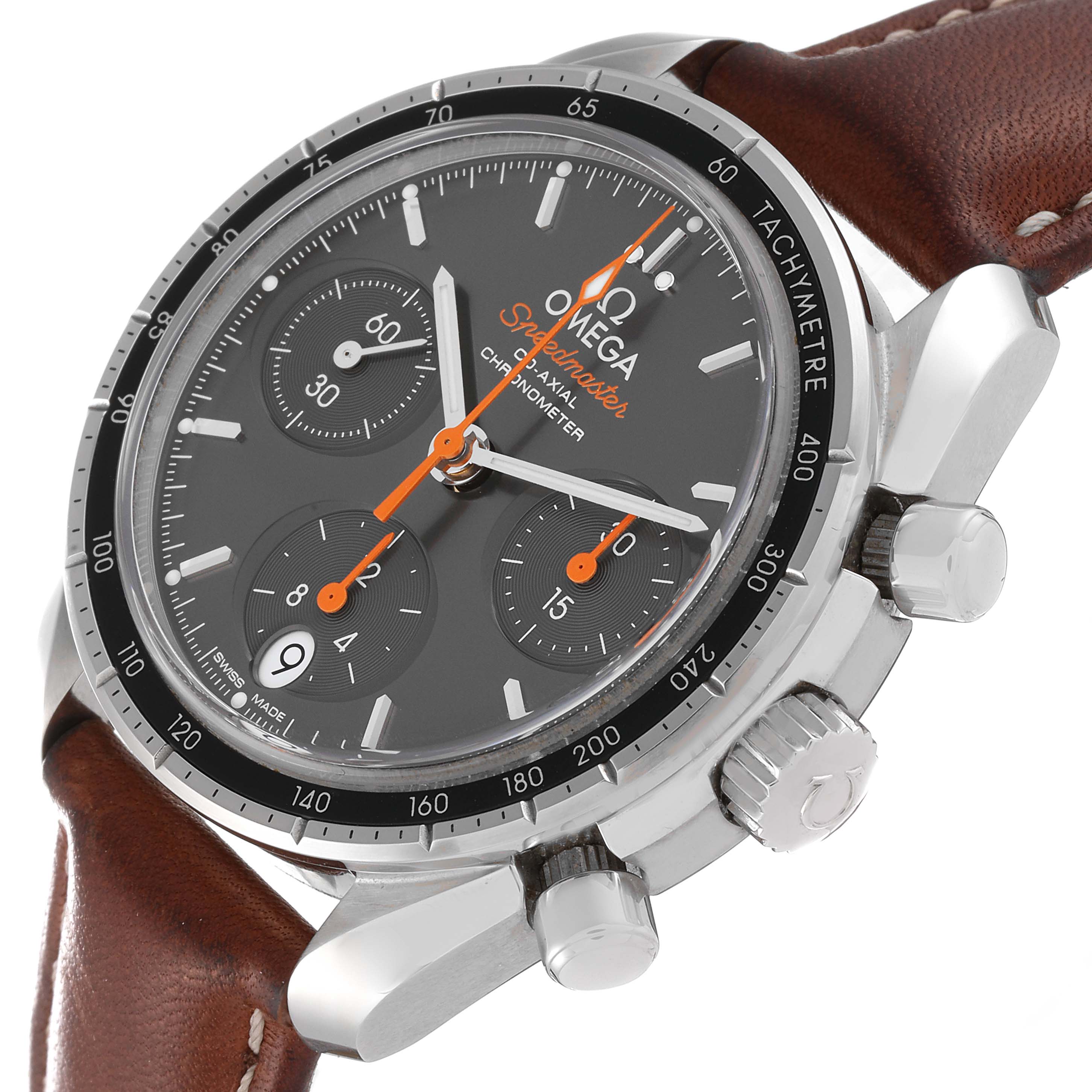 This image shows an Omega Speedmaster 324.32.38.50.06.001 Men
s Stainless Steel Grey Dial 324.32.38.50.06.001 Men
s Stainless Steel Grey Dial watch angled to display the face, dial, bezel, and crown, along with its brown leather strap.