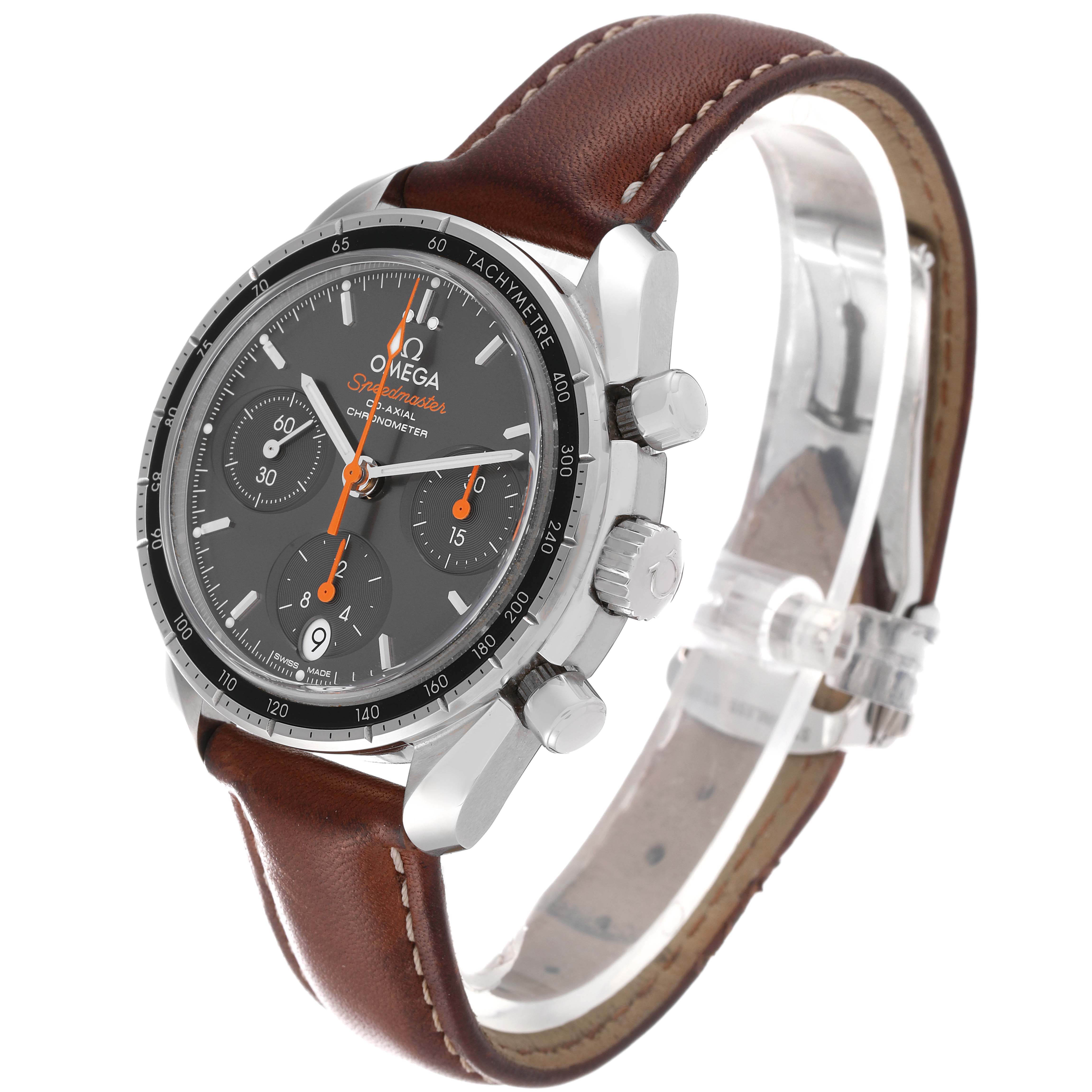 This image shows a side angle of an Omega Speedmaster 324.32.38.50.06.001 Men
s Stainless Steel Grey Dial 324.32.38.50.06.001 Men
s Stainless Steel Grey Dial watch, featuring its dial, crown, pushers, and brown leather strap.